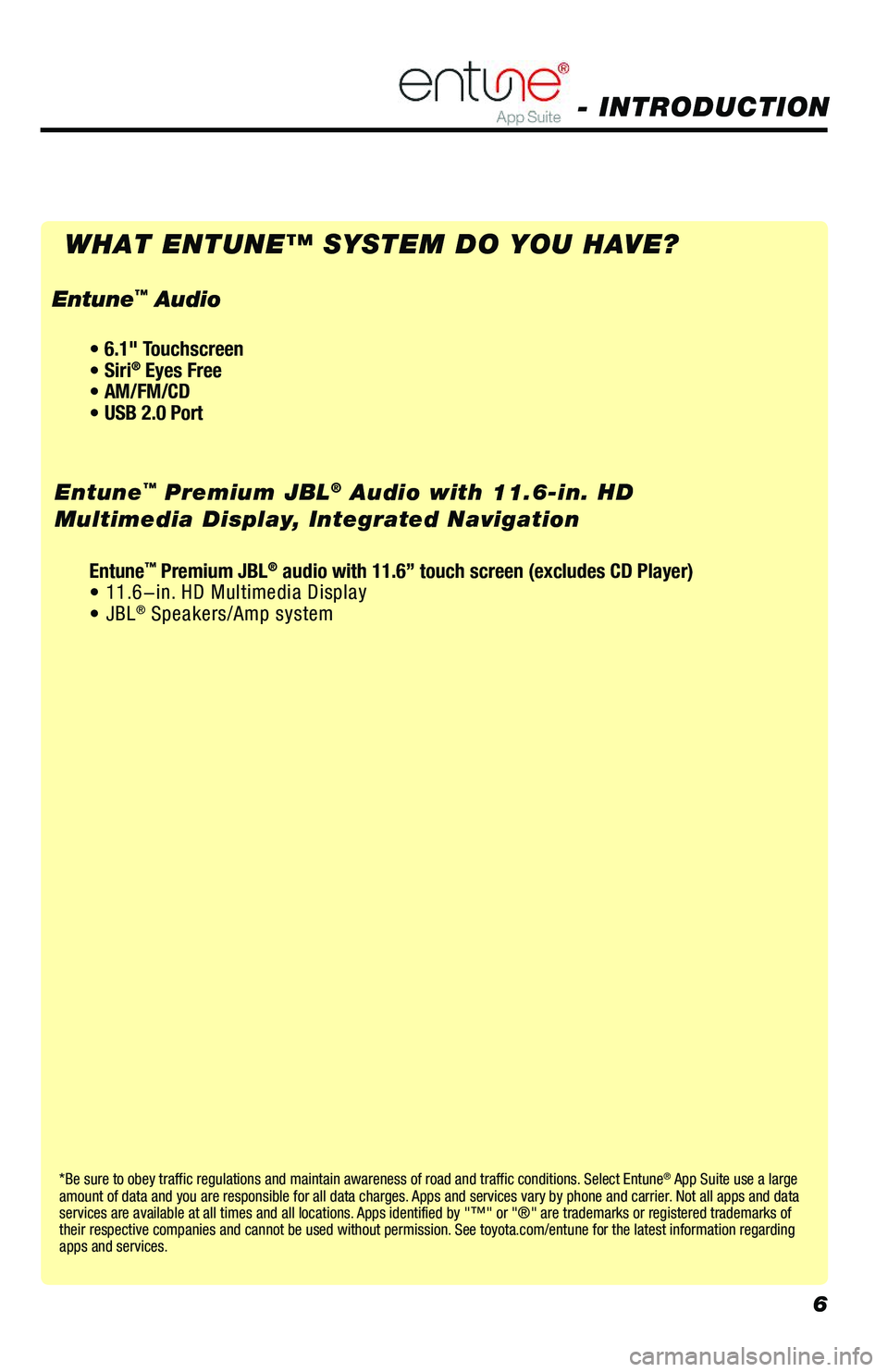 TOYOTA PRIUS 2019  Accessories, Audio & Navigation (in English) 6
*Be sure to obey traffic regulations and maintain awareness of road and traffic conditions. Select Entune® App Suite use a large amount of data and you are responsible for all data charges. Apps an
