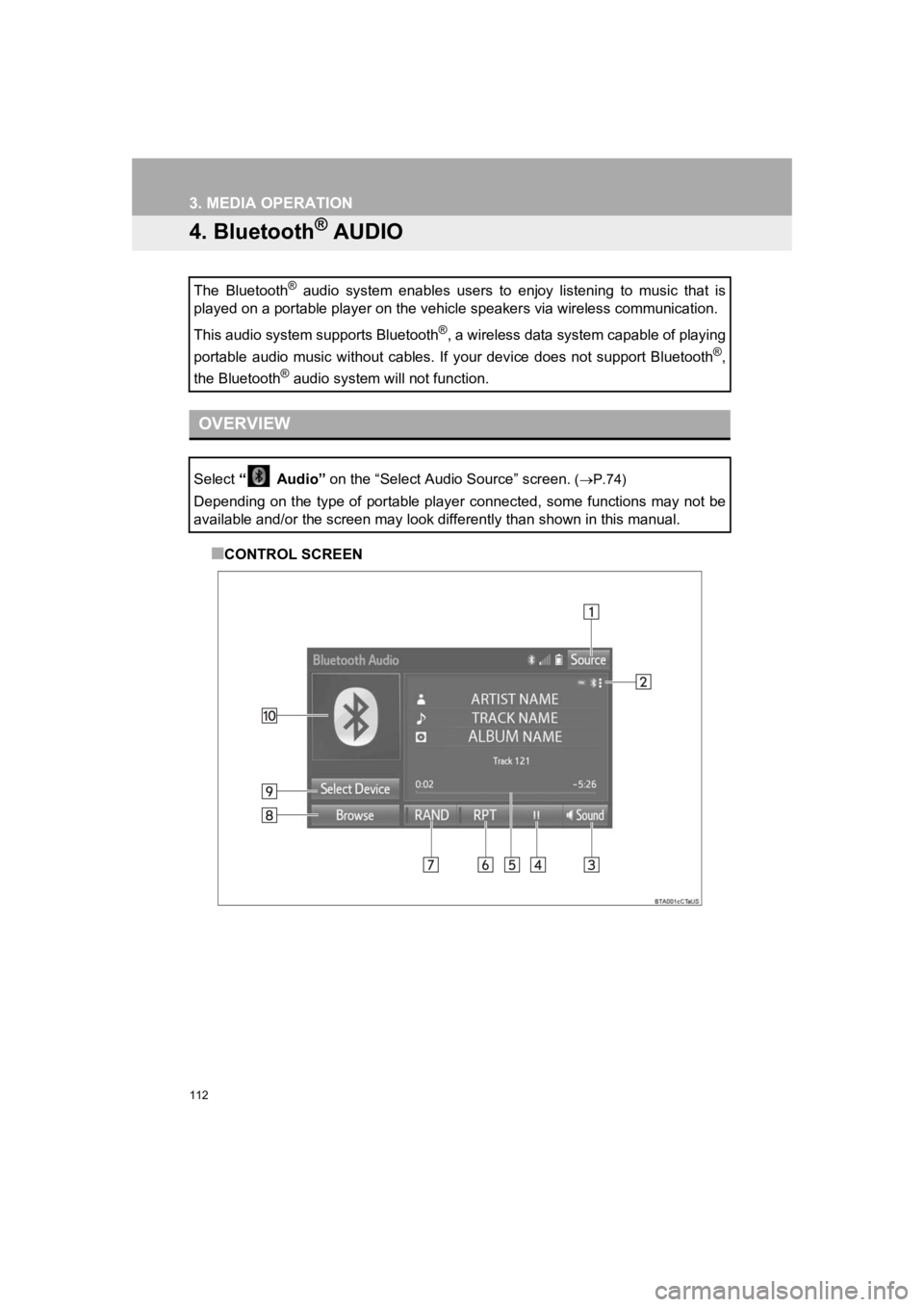 TOYOTA PRIUS 2019  Accessories, Audio & Navigation (in English) 112
3. MEDIA OPERATION
PRIUS_Navi_OM47C47U_(U)
18.10.10     12:02
4. Bluetooth® AUDIO
■CONTROL SCREEN
The  Bluetooth
®  audio  system  enables  users  to  enjoy  listening  to  music  that  is
pla