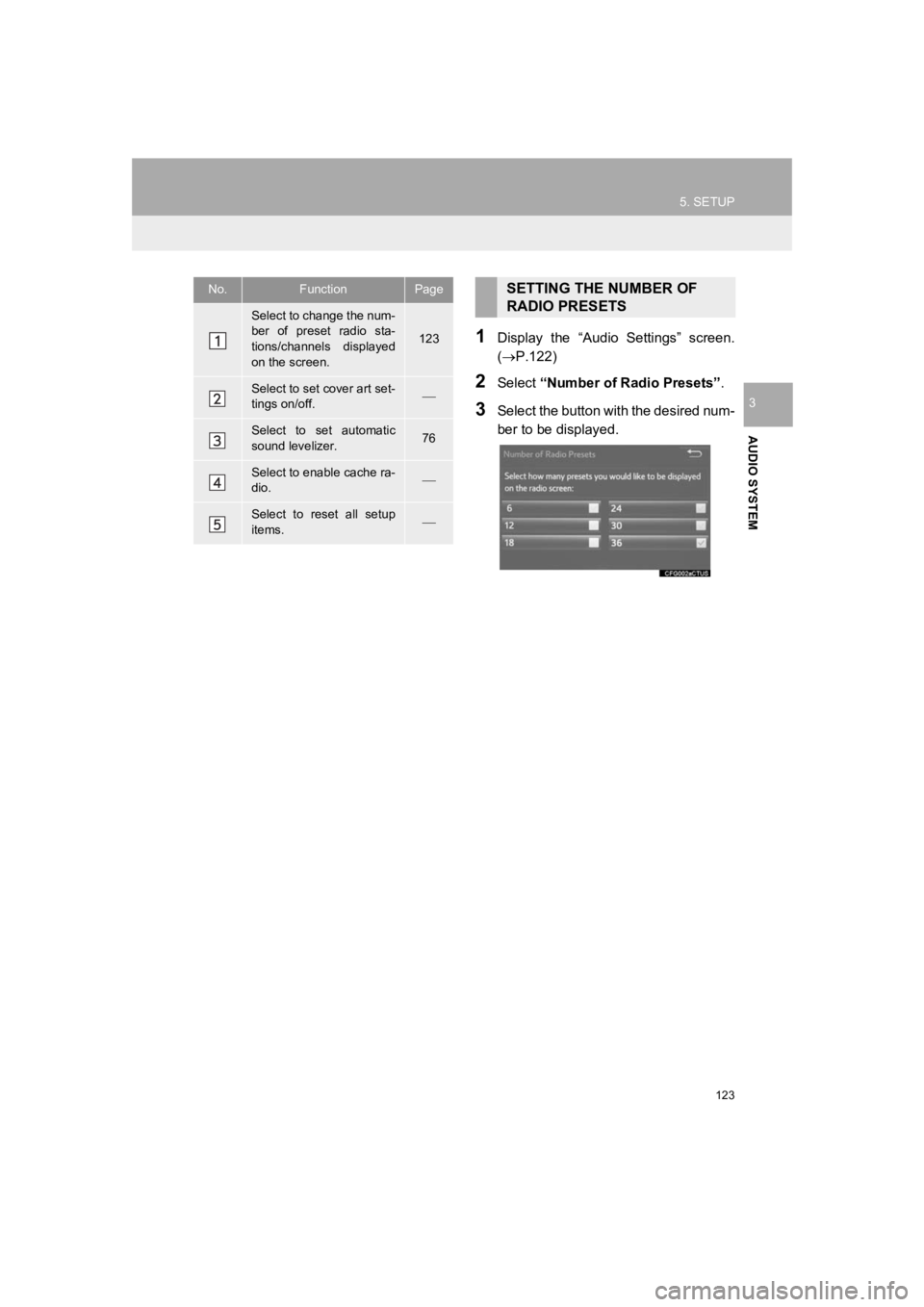 TOYOTA PRIUS 2019 Accessories, Audio & Navigation (in English) 123
5. SETUP
PRIUS_Navi_OM47C47U_(U)
18.10.10 12:02
AUDIO SYSTEM
3
1Display the “Audio Settings” screen.
(P.122)
2Select “Number of Radio Presets” .
3Select the button with the desi TOYOTA PRIUS 2019 Accessories, Audio & Navigation (in English) 123
5. SETUP
PRIUS_Navi_OM47C47U_(U)
18.10.10 12:02
AUDIO SYSTEM
3
1Display the “Audio Settings” screen.
(P.122)
2Select “Number of Radio Presets” .
3Select the button with the desi