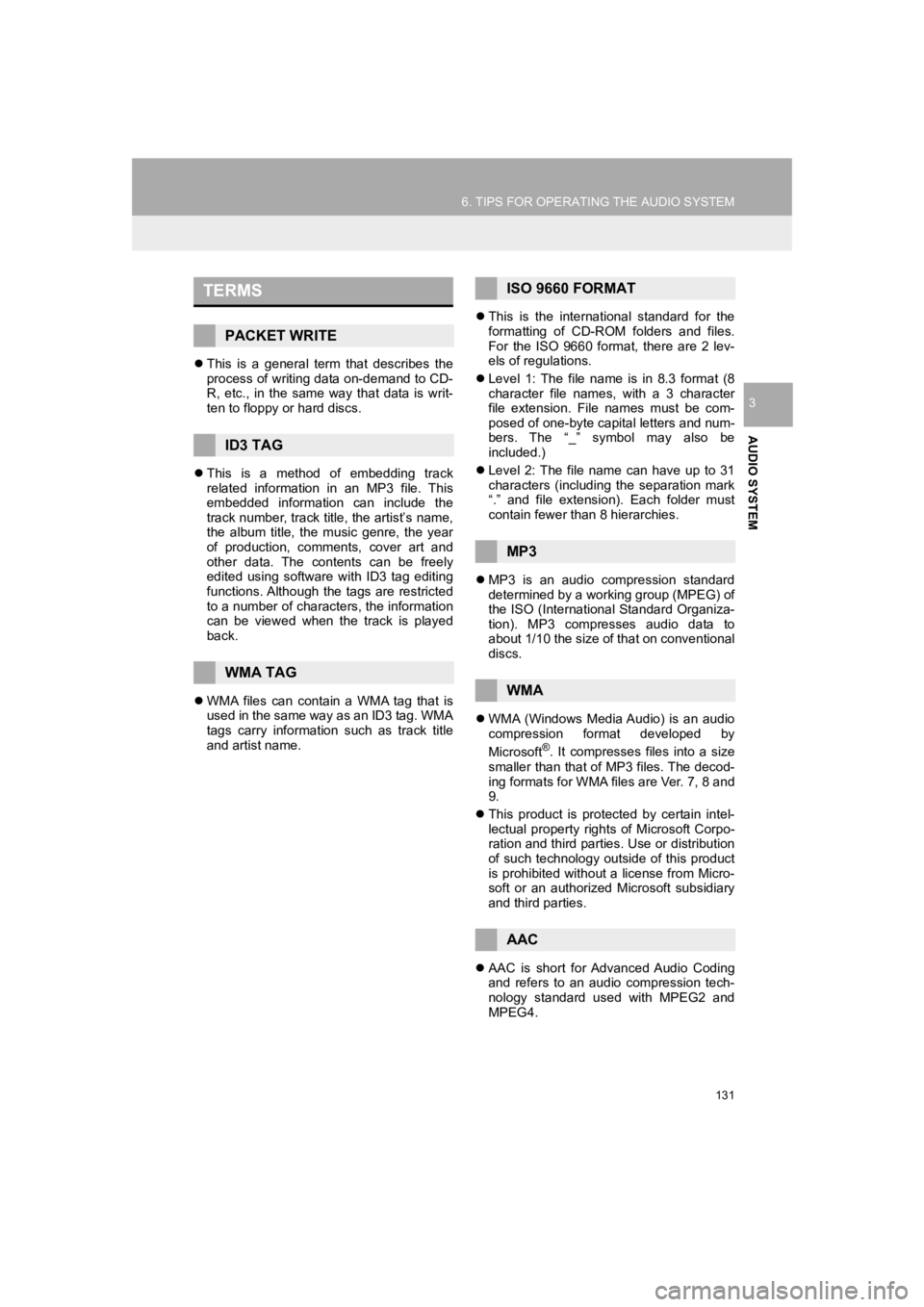 TOYOTA PRIUS 2019 Accessories, Audio & Navigation (in English) 131
6. TIPS FOR OPERATING THE AUDIO SYSTEM
PRIUS_Navi_OM47C47U_(U)
18.10.10 12:02
AUDIO SYSTEM
3
This is a general term that describes the
process of writing data on-demand to CD-
R, et TOYOTA PRIUS 2019 Accessories, Audio & Navigation (in English) 131
6. TIPS FOR OPERATING THE AUDIO SYSTEM
PRIUS_Navi_OM47C47U_(U)
18.10.10 12:02
AUDIO SYSTEM
3
This is a general term that describes the
process of writing data on-demand to CD-
R, et
