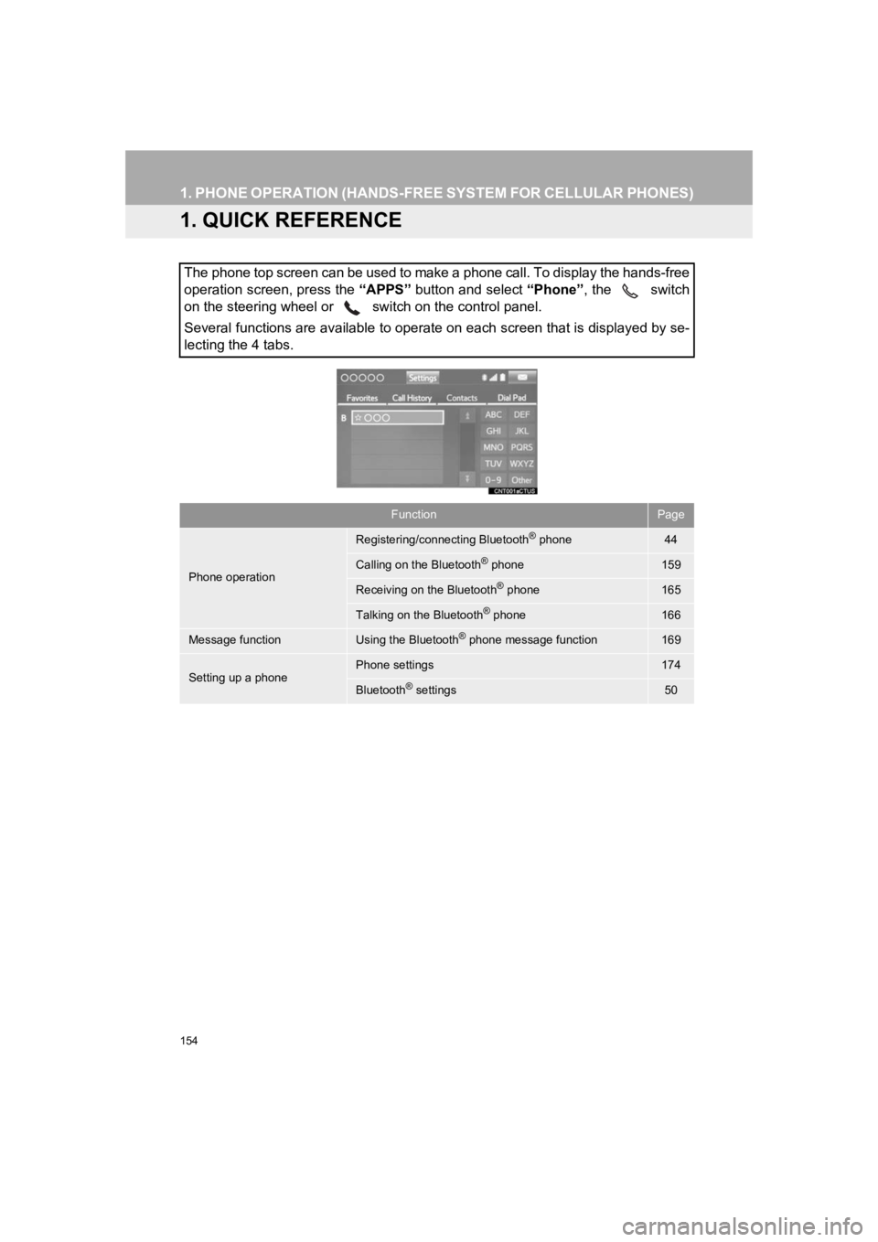 TOYOTA PRIUS 2019 Accessories, Audio & Navigation (in English) 154
PRIUS_Navi_OM47C47U_(U)
18.10.10 12:02
1. PHONE OPERATION (HANDS-FREE SYSTEM FOR CELLULAR PHONES)
1. QUICK REFERENCE
The phone top screen can be used to make a phone call. To display the hands TOYOTA PRIUS 2019 Accessories, Audio & Navigation (in English) 154
PRIUS_Navi_OM47C47U_(U)
18.10.10 12:02
1. PHONE OPERATION (HANDS-FREE SYSTEM FOR CELLULAR PHONES)
1. QUICK REFERENCE
The phone top screen can be used to make a phone call. To display the hands