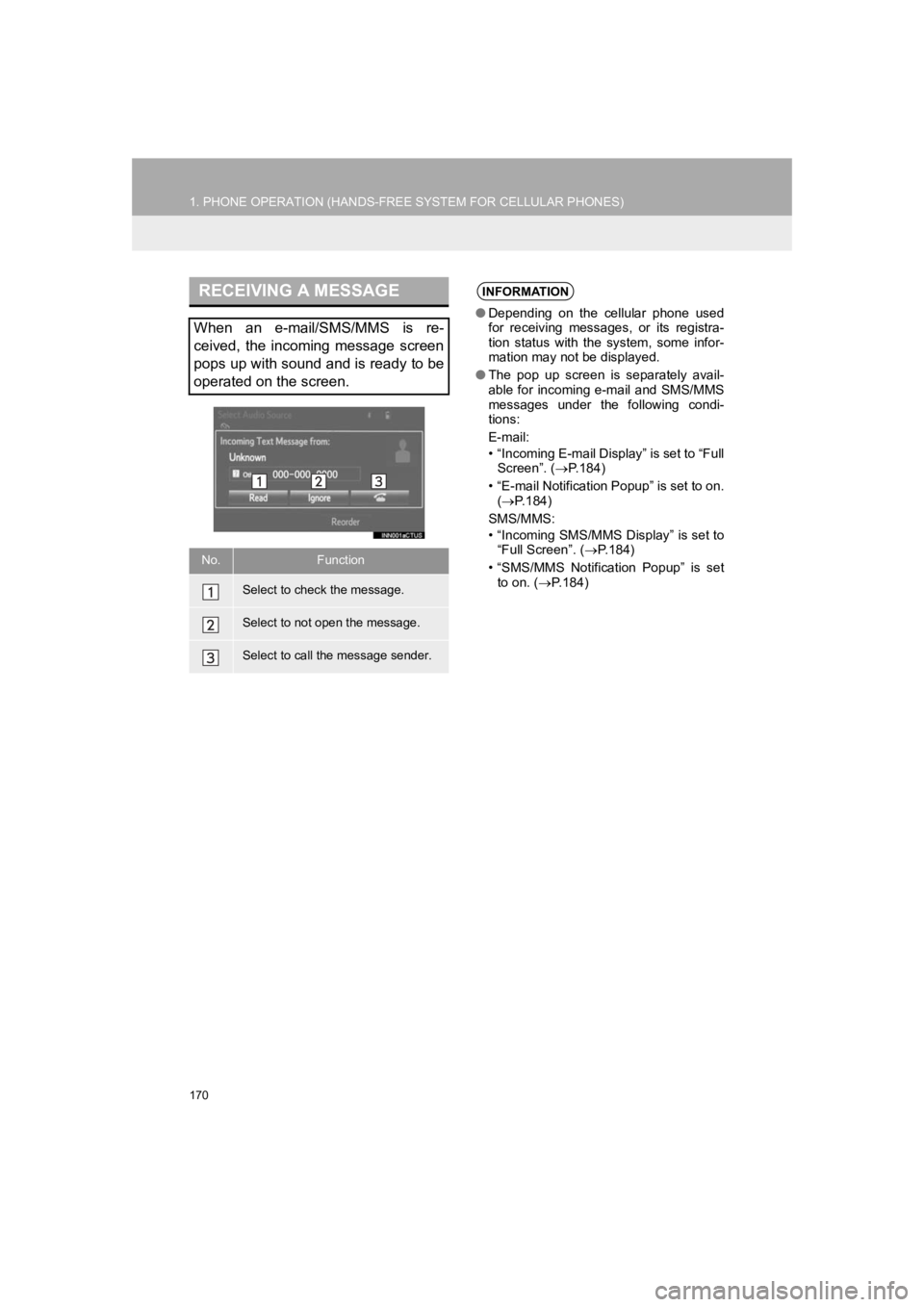 TOYOTA PRIUS 2019 Accessories, Audio & Navigation (in English) 170
1. PHONE OPERATION (HANDS-FREE SYSTEM FOR CELLULAR PHONES)
PRIUS_Navi_OM47C47U_(U)
18.10.10 12:02
RECEIVING A MESSAGE
When an e-mail/SMS/MMS is re-
ceived, the incoming message screen
TOYOTA PRIUS 2019 Accessories, Audio & Navigation (in English) 170
1. PHONE OPERATION (HANDS-FREE SYSTEM FOR CELLULAR PHONES)
PRIUS_Navi_OM47C47U_(U)
18.10.10 12:02
RECEIVING A MESSAGE
When an e-mail/SMS/MMS is re-
ceived, the incoming message screen