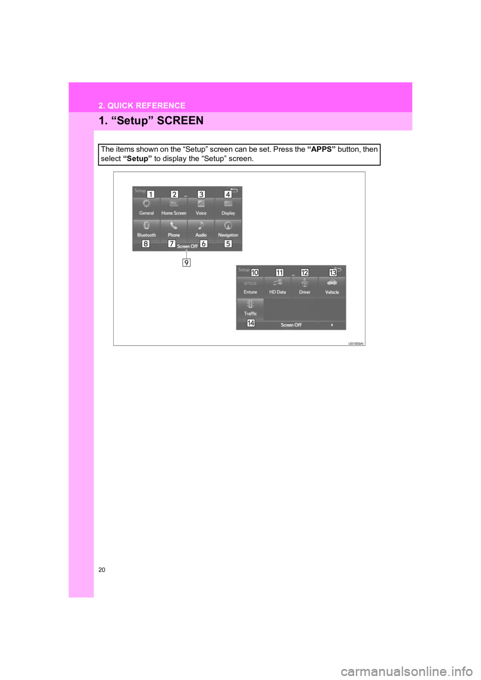 TOYOTA PRIUS 2019  Accessories, Audio & Navigation (in English) 20
PRIUS_Navi_OM47C47U_(U)
18.10.10     12:01
2. QUICK REFERENCE
1. “Setup” SCREEN
The items shown on the “Setup” screen can be set. Press the “APPS” button, then
select  “Setup”  to d