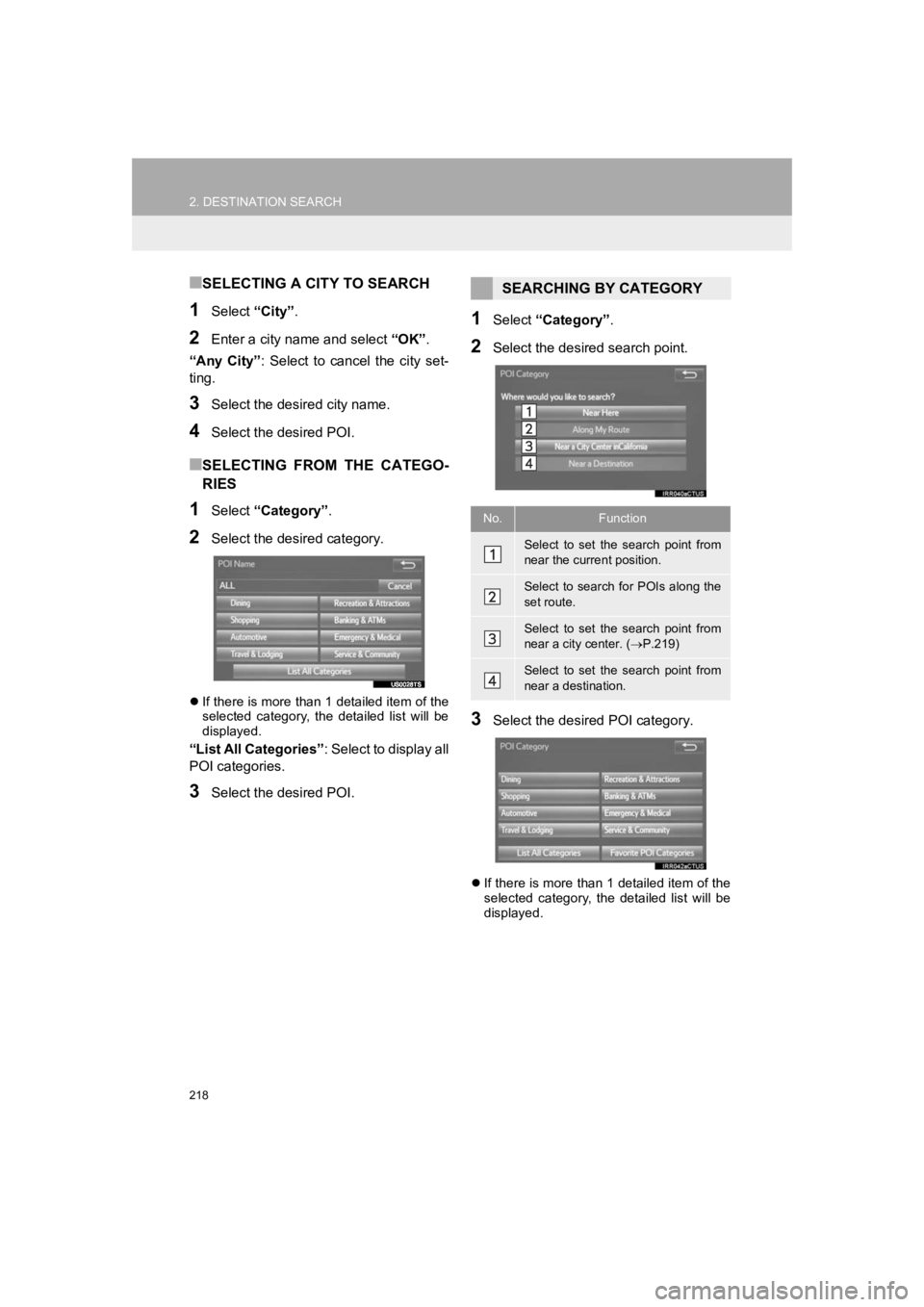 TOYOTA PRIUS 2019 Accessories, Audio & Navigation (in English) 218
2. DESTINATION SEARCH
PRIUS_Navi_OM47C47U_(U)
18.10.10 12:02
■SELECTING A CITY TO SEARCH
1Select “City”.
2Enter a city nam e and select “OK”.
“Any City” : Select to cancel t TOYOTA PRIUS 2019 Accessories, Audio & Navigation (in English) 218
2. DESTINATION SEARCH
PRIUS_Navi_OM47C47U_(U)
18.10.10 12:02
■SELECTING A CITY TO SEARCH
1Select “City”.
2Enter a city nam e and select “OK”.
“Any City” : Select to cancel t