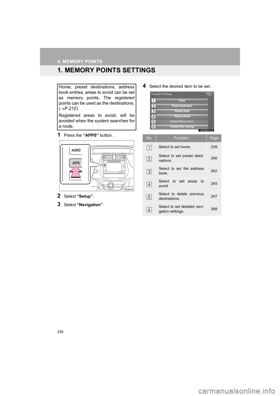 TOYOTA PRIUS 2019 Accessories, Audio & Navigation (in English) 238
PRIUS_Navi_OM47C47U_(U)
18.10.10 12:02
4. MEMORY POINTS
1. MEMORY POINTS SETTINGS
1Press the “APPS” button.
2Select “Setup” .
3Select “Navigation” .
4Select the desired item to be TOYOTA PRIUS 2019 Accessories, Audio & Navigation (in English) 238
PRIUS_Navi_OM47C47U_(U)
18.10.10 12:02
4. MEMORY POINTS
1. MEMORY POINTS SETTINGS
1Press the “APPS” button.
2Select “Setup” .
3Select “Navigation” .
4Select the desired item to be