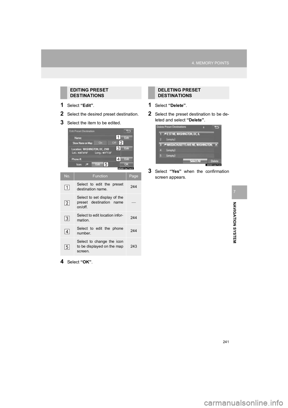 TOYOTA PRIUS 2019 Accessories, Audio & Navigation (in English) 241
4. MEMORY POINTS
PRIUS_Navi_OM47C47U_(U)
18.10.10 12:02
NAVIGATION SYSTEM
7
1Select “Edit”.
2Select the desired preset destination.
3Select the item to be edited.
4Select “OK”.
1Selec TOYOTA PRIUS 2019 Accessories, Audio & Navigation (in English) 241
4. MEMORY POINTS
PRIUS_Navi_OM47C47U_(U)
18.10.10 12:02
NAVIGATION SYSTEM
7
1Select “Edit”.
2Select the desired preset destination.
3Select the item to be edited.
4Select “OK”.
1Selec