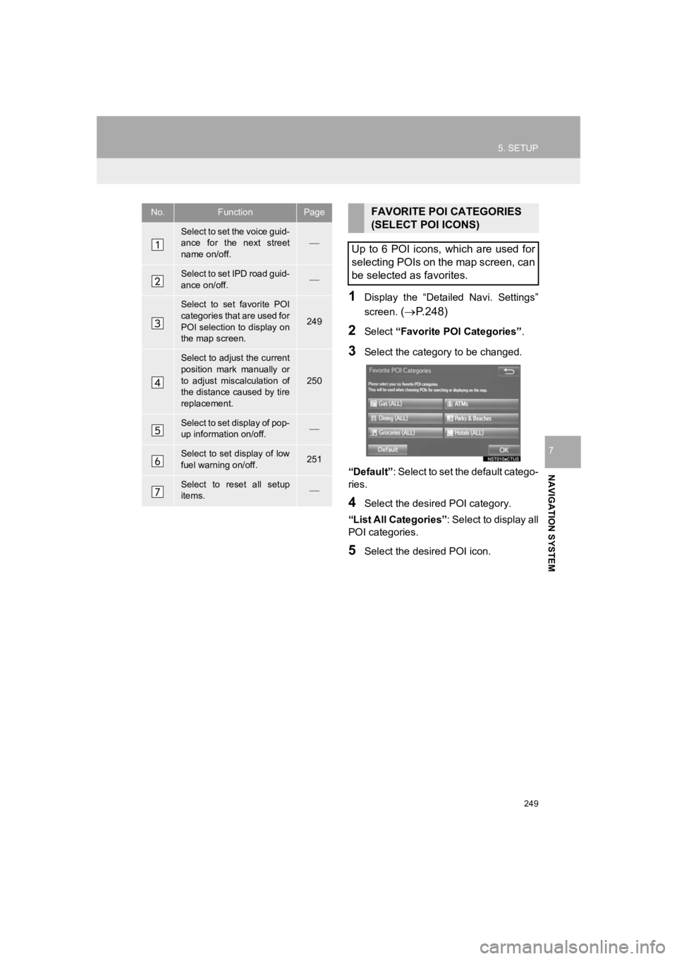 TOYOTA PRIUS 2019 Accessories, Audio & Navigation (in English) 249
5. SETUP
PRIUS_Navi_OM47C47U_(U)
18.10.10 12:02
NAVIGATION SYSTEM
7
1Display the “Detailed Navi. Settings”
screen.
( P.248)
2Select “Favorite POI Categories” .
3Select the cat TOYOTA PRIUS 2019 Accessories, Audio & Navigation (in English) 249
5. SETUP
PRIUS_Navi_OM47C47U_(U)
18.10.10 12:02
NAVIGATION SYSTEM
7
1Display the “Detailed Navi. Settings”
screen.
( P.248)
2Select “Favorite POI Categories” .
3Select the cat