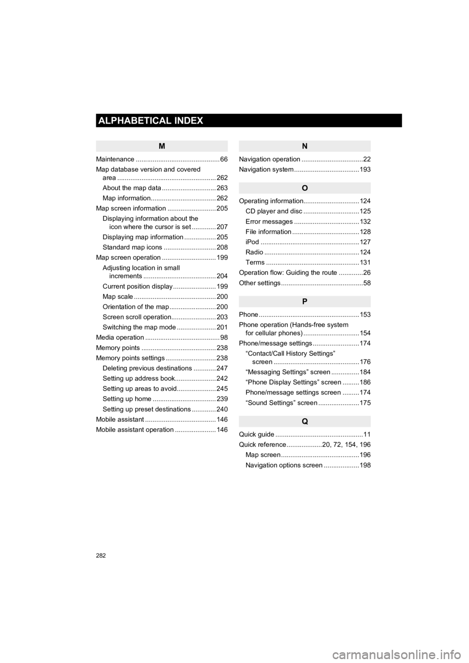 TOYOTA PRIUS 2019 Accessories, Audio & Navigation (in English) 282
ALPHABETICAL INDEX
PRIUS_Navi_OM47C47U_(U)
18.10.10 12:02
M
Maintenance ............................................. 66
Map database version and covered area ................................. TOYOTA PRIUS 2019 Accessories, Audio & Navigation (in English) 282
ALPHABETICAL INDEX
PRIUS_Navi_OM47C47U_(U)
18.10.10 12:02
M
Maintenance ............................................. 66
Map database version and covered area .................................