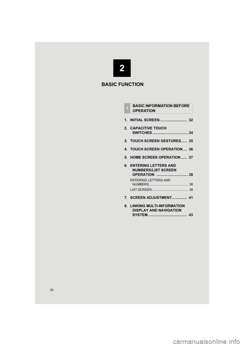 TOYOTA PRIUS 2019  Accessories, Audio & Navigation (in English) 30
PRIUS_Navi_OM47C47U_(U)
18.10.10     12:01
1. INITIAL SCREEN...........................  32
2. CAPACITIVE TOUCHSWITCHES ................................... 34
3. TOUCH SCREEN GESTURES......  35
4. 