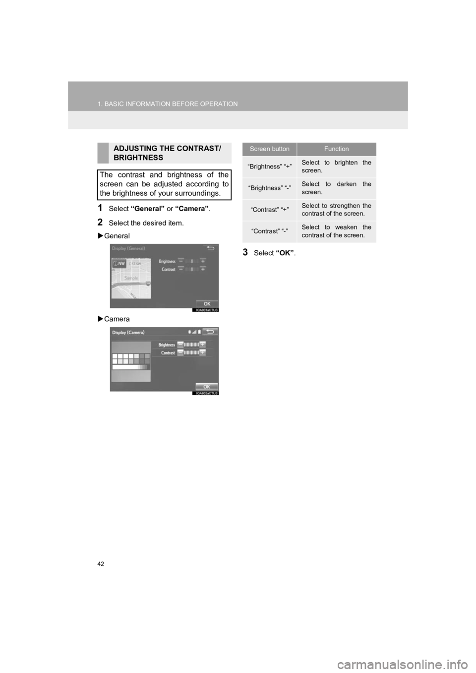 TOYOTA PRIUS 2019 Accessories, Audio & Navigation (in English) 42
1. BASIC INFORMATION BEFORE OPERATION
PRIUS_Navi_OM47C47U_(U)
18.10.10 12:01
1Select “General” or “Camera” .
2Select the desired item.
General
Camera
3Select “OK”.
ADJUSTI TOYOTA PRIUS 2019 Accessories, Audio & Navigation (in English) 42
1. BASIC INFORMATION BEFORE OPERATION
PRIUS_Navi_OM47C47U_(U)
18.10.10 12:01
1Select “General” or “Camera” .
2Select the desired item.
General
Camera
3Select “OK”.
ADJUSTI