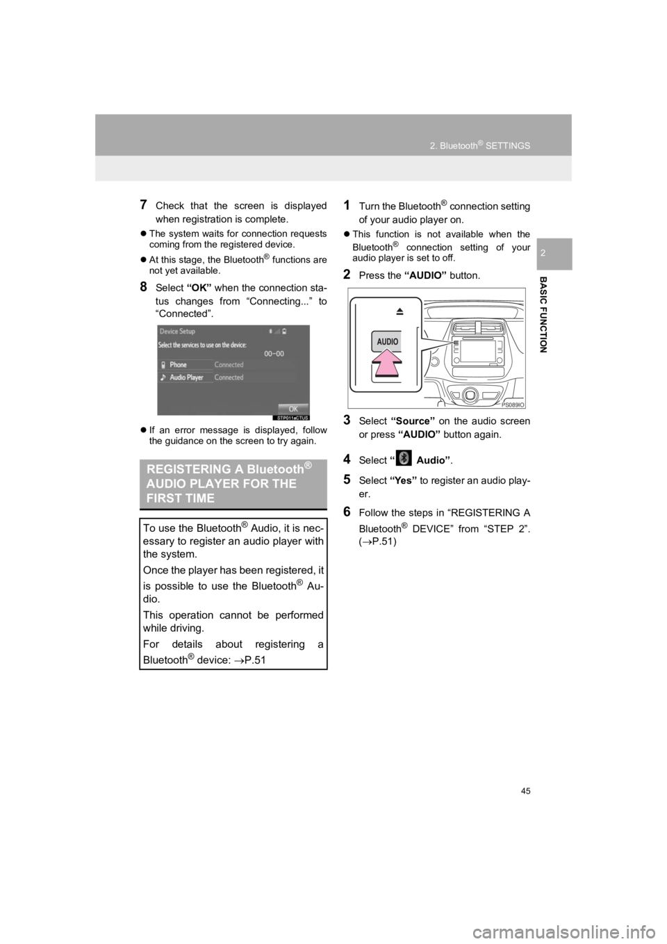 TOYOTA PRIUS 2019 Accessories, Audio & Navigation (in English) 45
2. Bluetooth® SETTINGS
PRIUS_Navi_OM47C47U_(U)
18.10.10 12:02
BASIC FUNCTION
2
7Check that the screen is displayed
when registration is complete.
The system waits for connection r TOYOTA PRIUS 2019 Accessories, Audio & Navigation (in English) 45
2. Bluetooth® SETTINGS
PRIUS_Navi_OM47C47U_(U)
18.10.10 12:02
BASIC FUNCTION
2
7Check that the screen is displayed
when registration is complete.
The system waits for connection r