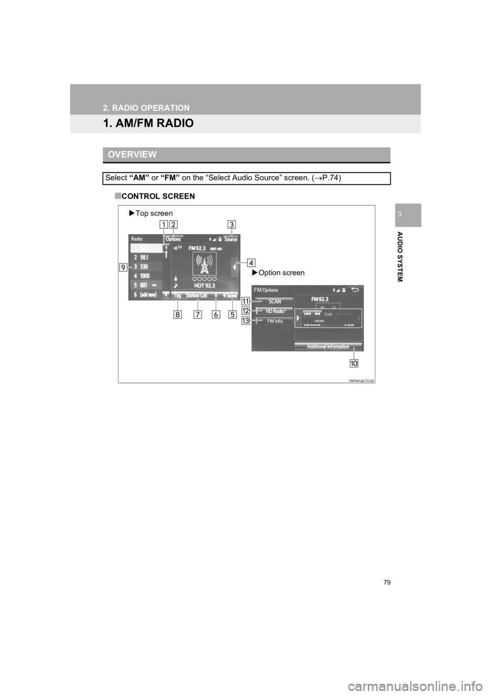 TOYOTA PRIUS 2019  Accessories, Audio & Navigation (in English) 79
PRIUS_Navi_OM47C47U_(U)
18.10.10     12:02
AUDIO SYSTEM
3
2. RADIO OPERATION
1. AM/FM RADIO
■CONTROL SCREEN
OVERVIEW
Select “AM” or “FM”  on the “Select Audio Source” screen. ( P.7