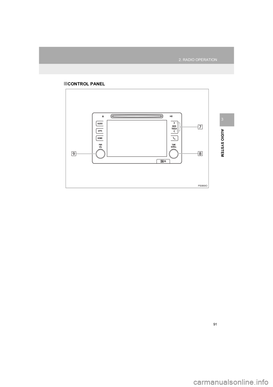 TOYOTA PRIUS 2019 Accessories, Audio & Navigation (in English) 91
2. RADIO OPERATION
PRIUS_Navi_OM47C47U_(U)
18.10.10 12:02
AUDIO SYSTEM
3
■CONTROL PANEL
PS080IO TOYOTA PRIUS 2019 Accessories, Audio & Navigation (in English) 91
2. RADIO OPERATION
PRIUS_Navi_OM47C47U_(U)
18.10.10 12:02
AUDIO SYSTEM
3
■CONTROL PANEL
PS080IO