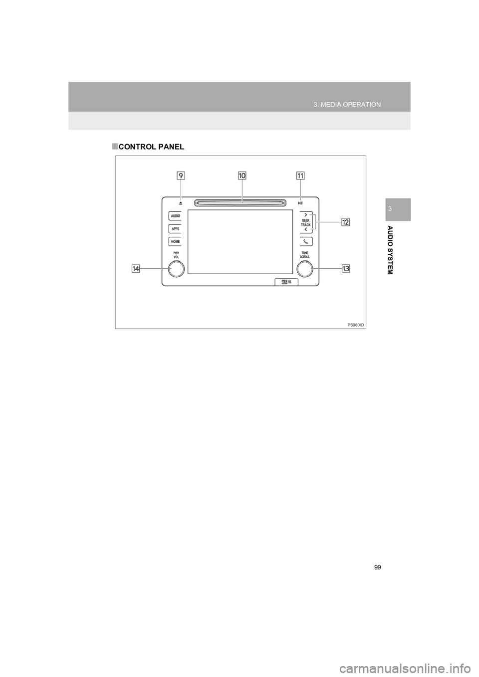 TOYOTA PRIUS 2019 Accessories, Audio & Navigation (in English) 99
3. MEDIA OPERATION
PRIUS_Navi_OM47C47U_(U)
18.10.10 12:02
AUDIO SYSTEM
3
■CONTROL PANEL
PS080IO TOYOTA PRIUS 2019 Accessories, Audio & Navigation (in English) 99
3. MEDIA OPERATION
PRIUS_Navi_OM47C47U_(U)
18.10.10 12:02
AUDIO SYSTEM
3
■CONTROL PANEL
PS080IO