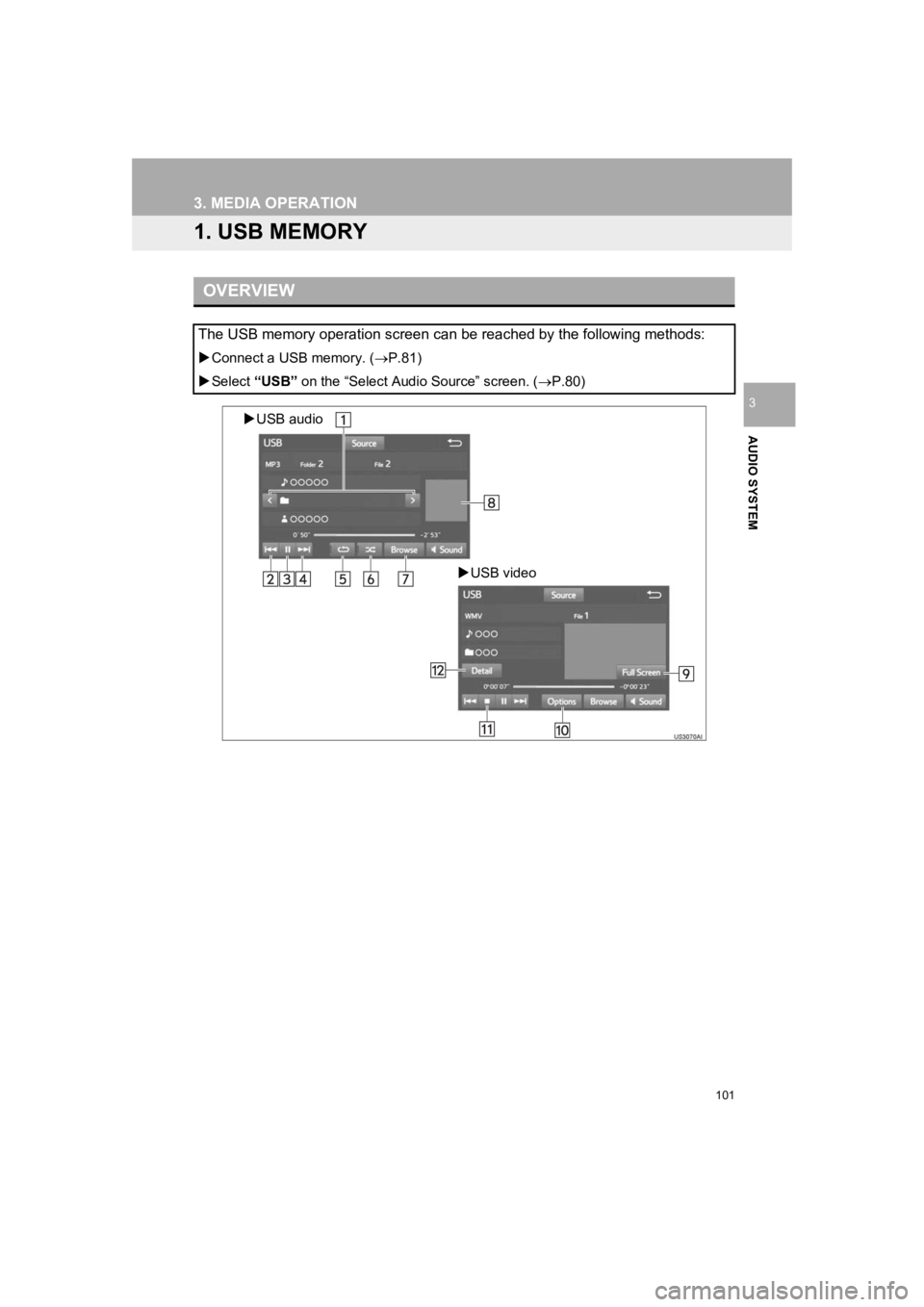 TOYOTA PRIUS 2019  Accessories, Audio & Navigation (in English) 101
PRIUS_Wide Navi_OM47C48U_(U)
18.10.10     10:30
AUDIO SYSTEM
3
3. MEDIA OPERATION
1. USB MEMORY
OVERVIEW
The USB memory operation screen can be reached by the following methods:
Connect a USB m