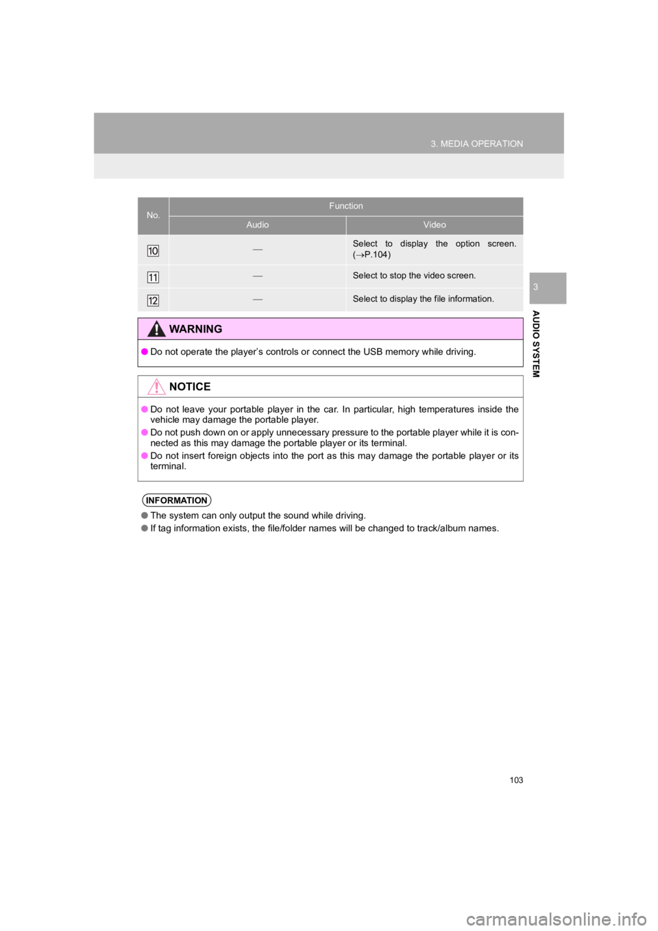 TOYOTA PRIUS 2019  Accessories, Audio & Navigation (in English) 103
3. MEDIA OPERATION
PRIUS_Wide Navi_OM47C48U_(U)
18.10.10     10:30
AUDIO SYSTEM
3
Select  to  display  the  option  screen.
( P.104)
Select to stop the video screen.
Select to display 