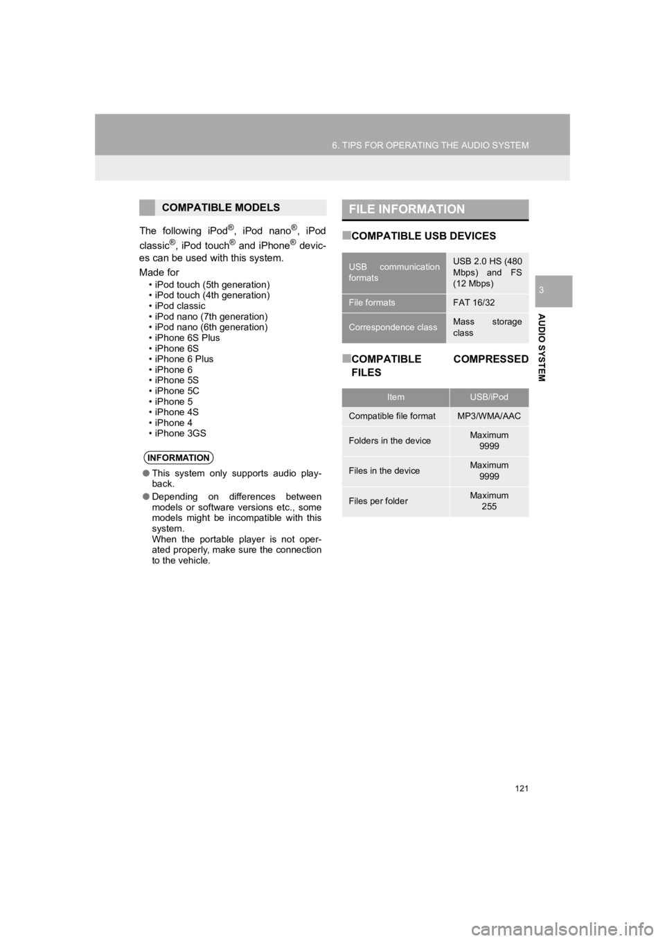 TOYOTA PRIUS 2019 Accessories, Audio & Navigation (in English) 121
6. TIPS FOR OPERATING THE AUDIO SYSTEM
PRIUS_Wide Navi_OM47C48U_(U)
18.10.10 10:30
AUDIO SYSTEM
3
The following iPod®, iPod nano®, iPod
classic®, iPod touch® and iPhone® devic-
TOYOTA PRIUS 2019 Accessories, Audio & Navigation (in English) 121
6. TIPS FOR OPERATING THE AUDIO SYSTEM
PRIUS_Wide Navi_OM47C48U_(U)
18.10.10 10:30
AUDIO SYSTEM
3
The following iPod®, iPod nano®, iPod
classic®, iPod touch® and iPhone® devic-