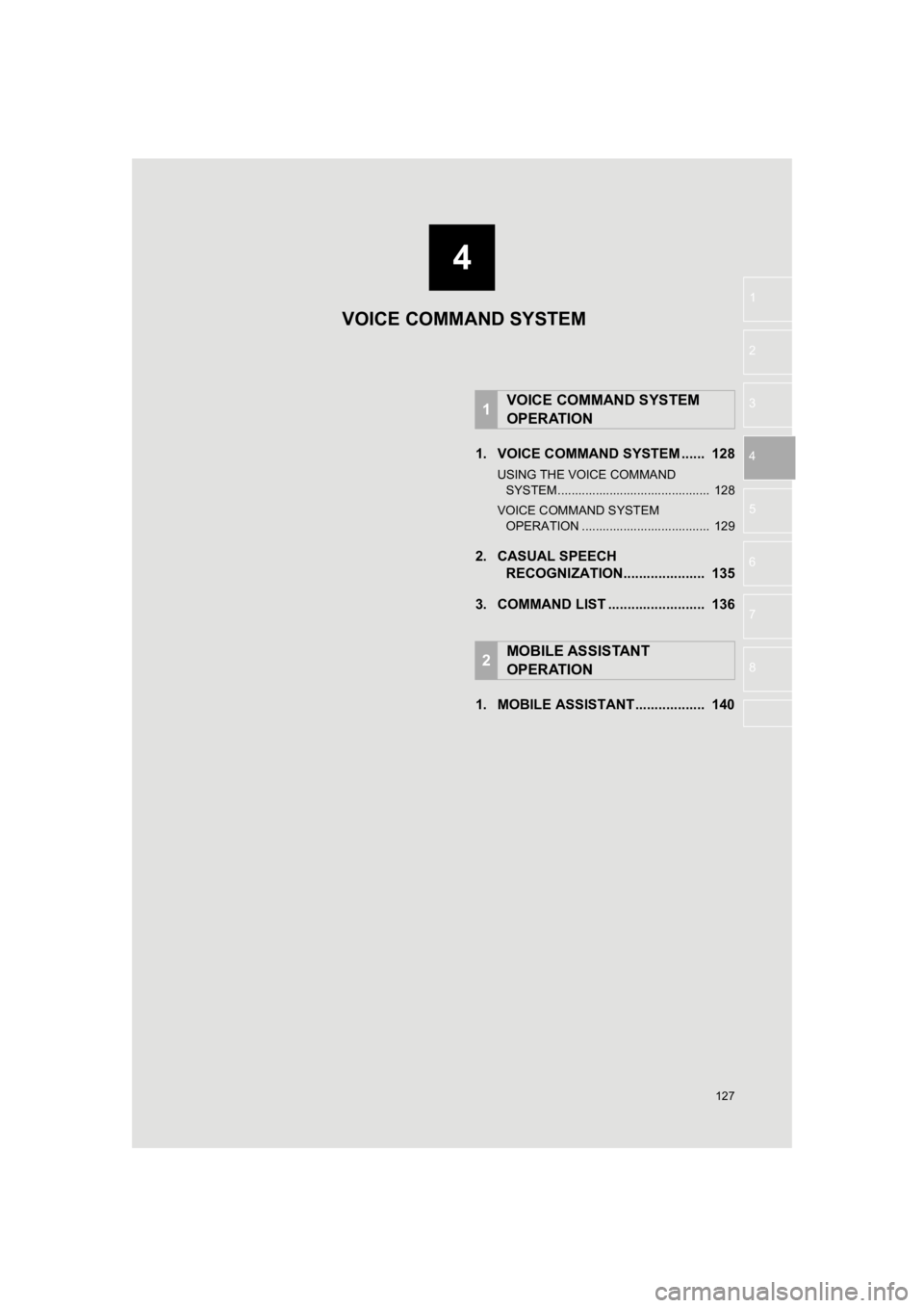 TOYOTA PRIUS 2019 Accessories, Audio & Navigation (in English) 4
127
PRIUS_Wide Navi_OM47C48U_(U)
18.10.10 10:30
1
2
3
4
5
6
7
8
1. VOICE COMMAND SYSTEM ...... 128
USING THE VOICE COMMAND SYSTEM ............................................ 128
VOICE COMMAN TOYOTA PRIUS 2019 Accessories, Audio & Navigation (in English) 4
127
PRIUS_Wide Navi_OM47C48U_(U)
18.10.10 10:30
1
2
3
4
5
6
7
8
1. VOICE COMMAND SYSTEM ...... 128
USING THE VOICE COMMAND SYSTEM ............................................ 128
VOICE COMMAN