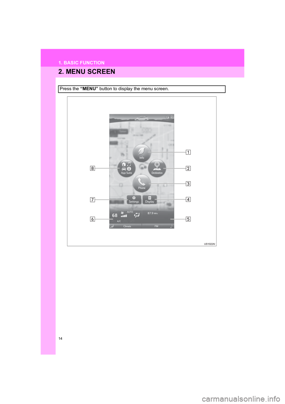 TOYOTA PRIUS 2019 Accessories, Audio & Navigation (in English) 14
1. BASIC FUNCTION
PRIUS_Wide Navi_OM47C48U_(U)
18.10.10 10:30
2. MENU SCREEN
Press the “MENU” button to display the menu screen. TOYOTA PRIUS 2019 Accessories, Audio & Navigation (in English) 14
1. BASIC FUNCTION
PRIUS_Wide Navi_OM47C48U_(U)
18.10.10 10:30
2. MENU SCREEN
Press the “MENU” button to display the menu screen.