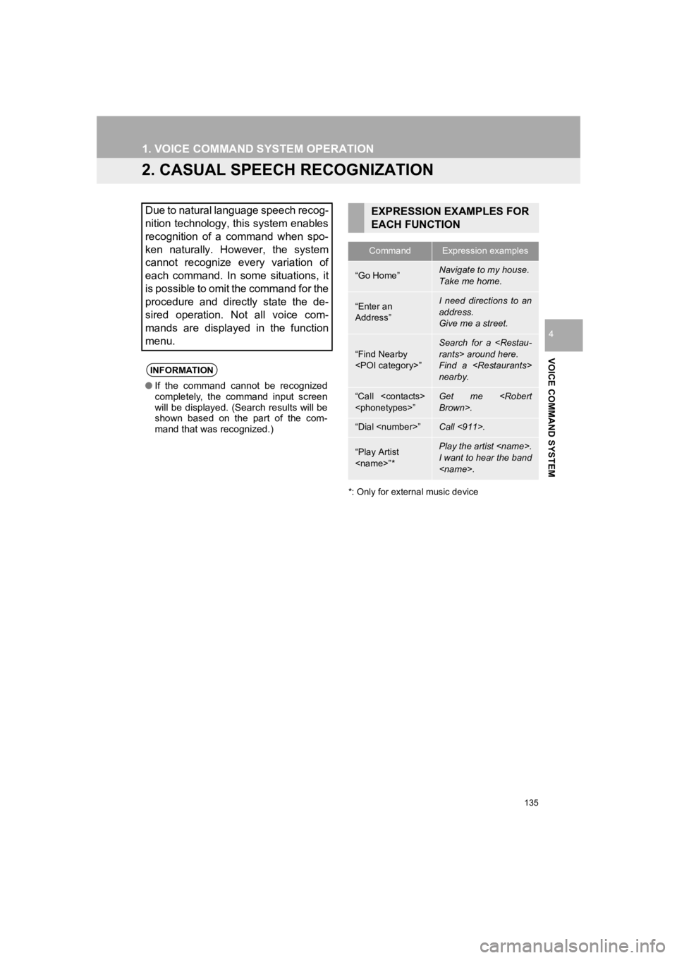 TOYOTA PRIUS 2019 Accessories, Audio & Navigation (in English) 135
1. VOICE COMMAND SYSTEM OPERATION
PRIUS_Wide Navi_OM47C48U_(U)
18.10.10 10:30
VOICE COMMAND SYSTEM
4
2. CASUAL SPEECH RECOGNIZATION
*: Only for external music device
Due to natural language sp TOYOTA PRIUS 2019 Accessories, Audio & Navigation (in English) 135
1. VOICE COMMAND SYSTEM OPERATION
PRIUS_Wide Navi_OM47C48U_(U)
18.10.10 10:30
VOICE COMMAND SYSTEM
4
2. CASUAL SPEECH RECOGNIZATION
*: Only for external music device
Due to natural language sp