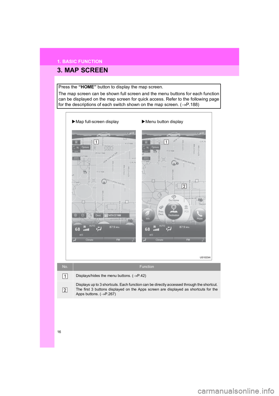 TOYOTA PRIUS 2019 Accessories, Audio & Navigation (in English) 16
1. BASIC FUNCTION
PRIUS_Wide Navi_OM47C48U_(U)
18.10.10 10:30
3. MAP SCREEN
Press the “HOME” button to display the map screen.
The map screen can be shown full screen and the menu buttons f TOYOTA PRIUS 2019 Accessories, Audio & Navigation (in English) 16
1. BASIC FUNCTION
PRIUS_Wide Navi_OM47C48U_(U)
18.10.10 10:30
3. MAP SCREEN
Press the “HOME” button to display the map screen.
The map screen can be shown full screen and the menu buttons f