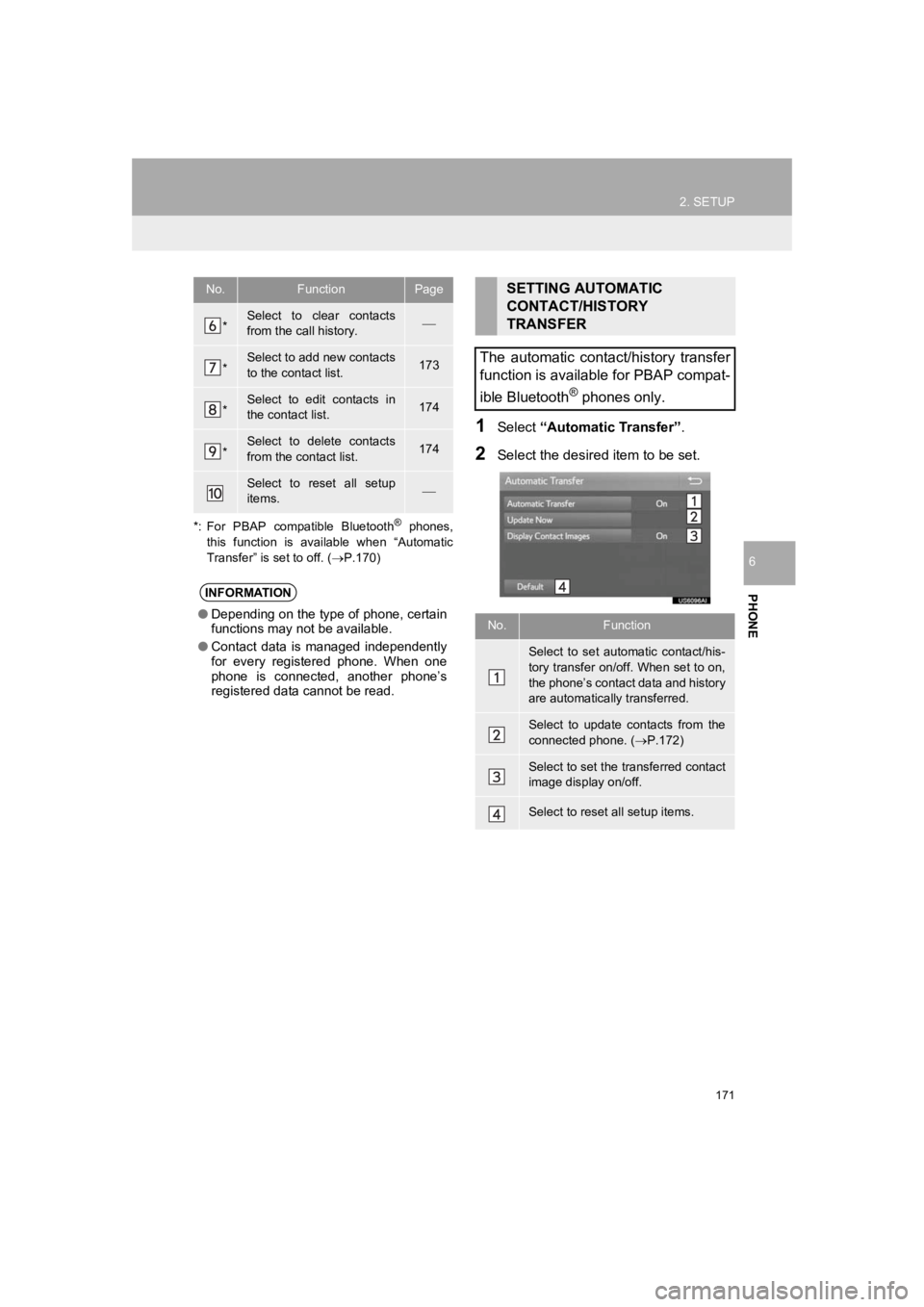 TOYOTA PRIUS 2019 Accessories, Audio & Navigation (in English) 171
2. SETUP
PRIUS_Wide Navi_OM47C48U_(U)
18.10.10 10:30
PHONE
6
*: For PBAP compatible Bluetooth
® phones,
this function is available when “Automatic
Transfer” is set to off. ( P TOYOTA PRIUS 2019 Accessories, Audio & Navigation (in English) 171
2. SETUP
PRIUS_Wide Navi_OM47C48U_(U)
18.10.10 10:30
PHONE
6
*: For PBAP compatible Bluetooth
® phones,
this function is available when “Automatic
Transfer” is set to off. ( P