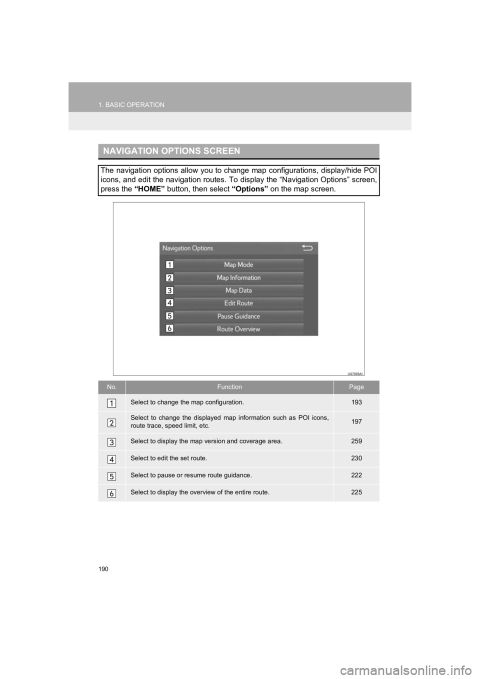 TOYOTA PRIUS 2019 Accessories, Audio & Navigation (in English) 190
1. BASIC OPERATION
PRIUS_Wide Navi_OM47C48U_(U)
18.10.10 10:30
NAVIGATION OPTIONS SCREEN
The navigation options allow you to change map configurations, display/hide POI
icons, and edit the nav TOYOTA PRIUS 2019 Accessories, Audio & Navigation (in English) 190
1. BASIC OPERATION
PRIUS_Wide Navi_OM47C48U_(U)
18.10.10 10:30
NAVIGATION OPTIONS SCREEN
The navigation options allow you to change map configurations, display/hide POI
icons, and edit the nav