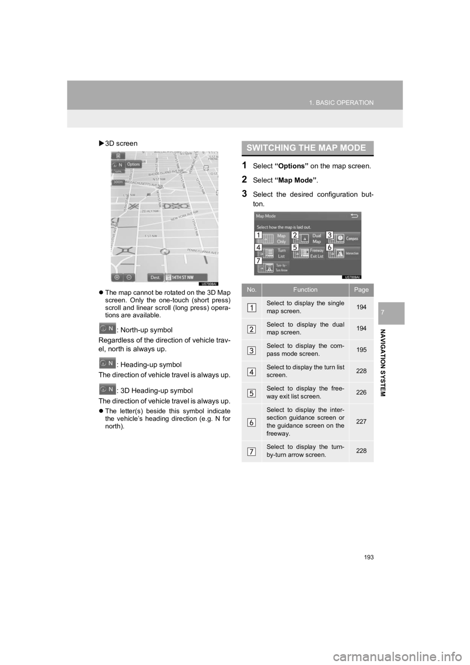 TOYOTA PRIUS 2019  Accessories, Audio & Navigation (in English) 193
1. BASIC OPERATION
PRIUS_Wide Navi_OM47C48U_(U)
18.10.10     10:30
NAVIGATION SYSTEM
7
3D screen
 The map cannot be rotated on the 3D Map
screen.  Only  the  one-touch  (short  press)
scroll