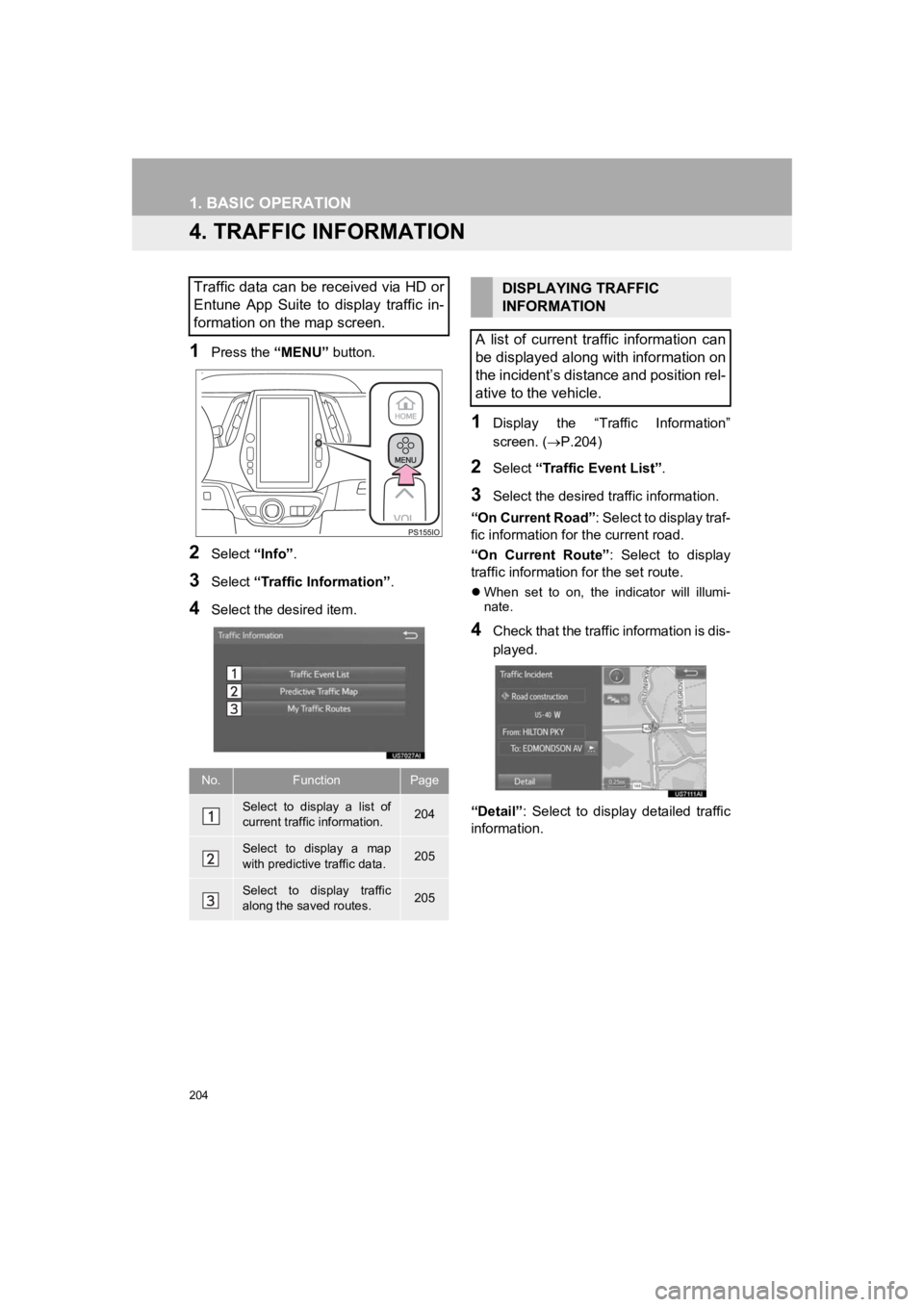 TOYOTA PRIUS 2019 Accessories, Audio & Navigation (in English) 204
1. BASIC OPERATION
PRIUS_Wide Navi_OM47C48U_(U)
18.10.10 10:30
4. TRAFFIC INFORMATION
1Press the “MENU” button.
2Select “Info”.
3Select “Traffic Information” .
4Select the desired TOYOTA PRIUS 2019 Accessories, Audio & Navigation (in English) 204
1. BASIC OPERATION
PRIUS_Wide Navi_OM47C48U_(U)
18.10.10 10:30
4. TRAFFIC INFORMATION
1Press the “MENU” button.
2Select “Info”.
3Select “Traffic Information” .
4Select the desired