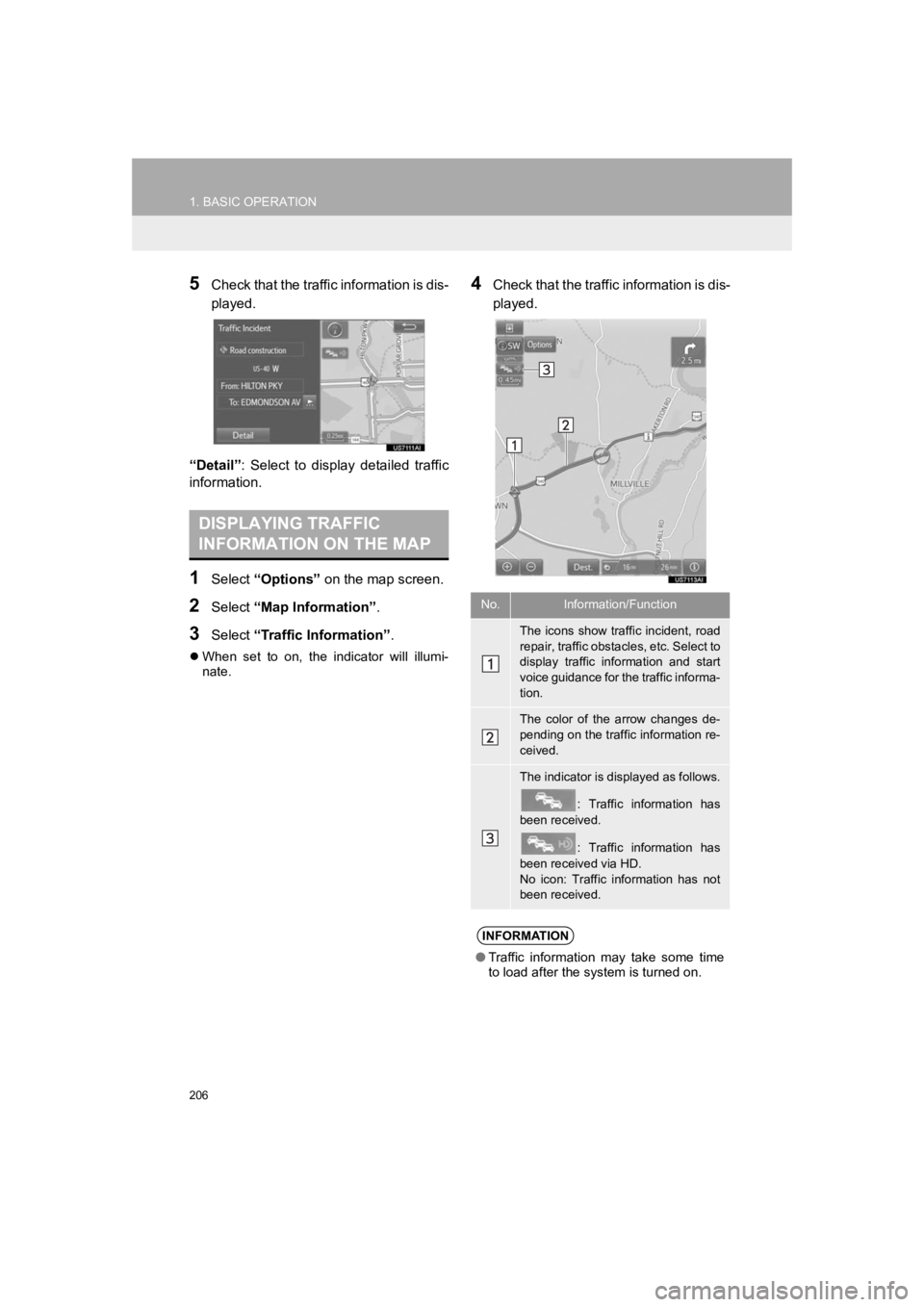 TOYOTA PRIUS 2019 Accessories, Audio & Navigation (in English) 206
1. BASIC OPERATION
PRIUS_Wide Navi_OM47C48U_(U)
18.10.10 10:30
5Check that the traffic information is dis-
played.
“Detail” : Select to display detailed traffic
information.
1Select TOYOTA PRIUS 2019 Accessories, Audio & Navigation (in English) 206
1. BASIC OPERATION
PRIUS_Wide Navi_OM47C48U_(U)
18.10.10 10:30
5Check that the traffic information is dis-
played.
“Detail” : Select to display detailed traffic
information.
1Select