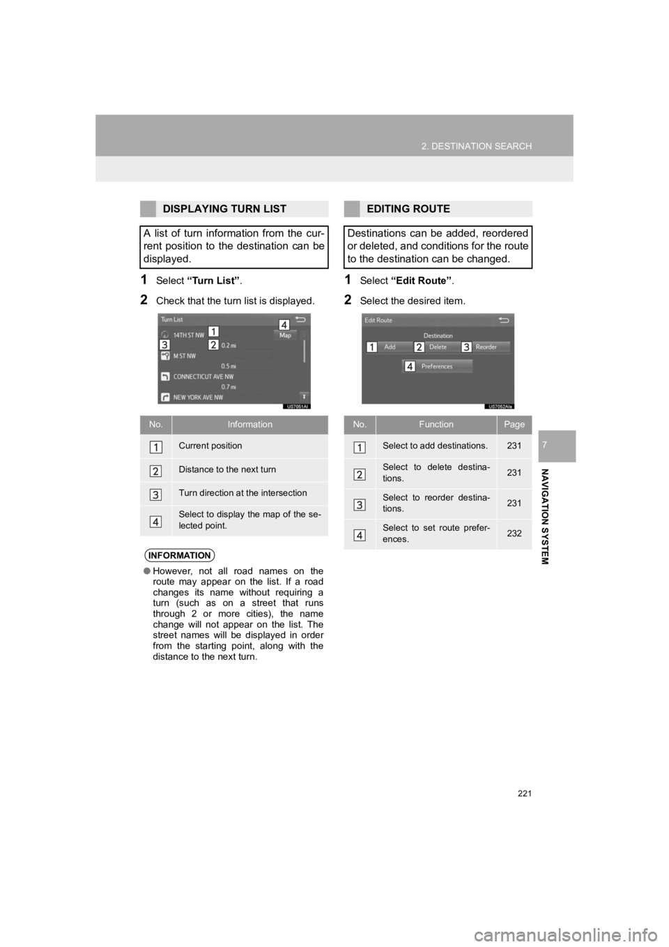 TOYOTA PRIUS 2019 Accessories, Audio & Navigation (in English) 221
2. DESTINATION SEARCH
PRIUS_Wide Navi_OM47C48U_(U)
18.10.10 10:30
NAVIGATION SYSTEM
7
1Select “Turn List” .
2Check that the turn list is displayed.
1Select “Edit Route” .
2Select the d TOYOTA PRIUS 2019 Accessories, Audio & Navigation (in English) 221
2. DESTINATION SEARCH
PRIUS_Wide Navi_OM47C48U_(U)
18.10.10 10:30
NAVIGATION SYSTEM
7
1Select “Turn List” .
2Check that the turn list is displayed.
1Select “Edit Route” .
2Select the d