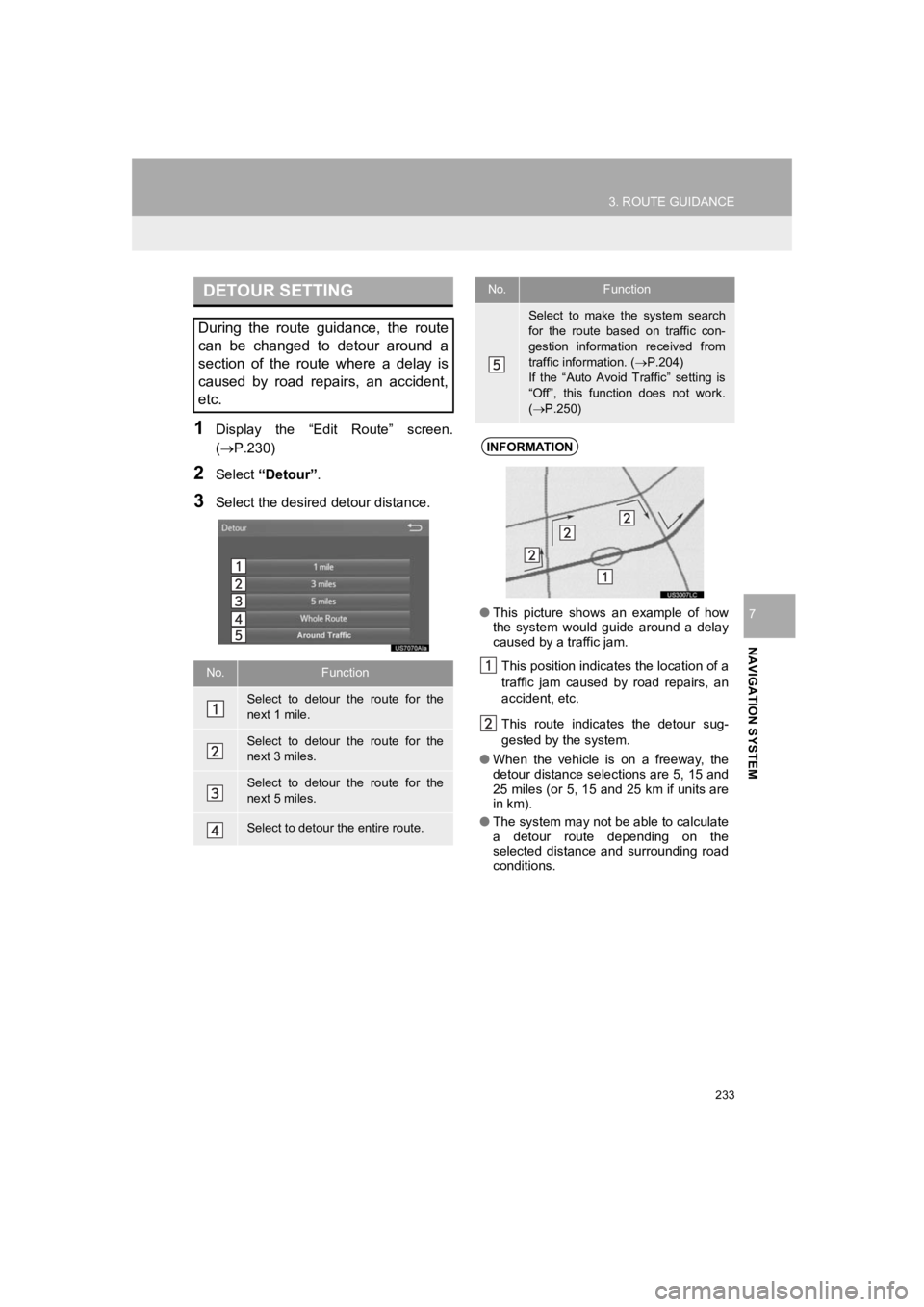 TOYOTA PRIUS 2019 Accessories, Audio & Navigation (in English) 233
3. ROUTE GUIDANCE
PRIUS_Wide Navi_OM47C48U_(U)
18.10.10 10:30
NAVIGATION SYSTEM
7
1Display the “Edit Route” screen.
(P.230)
2Select “Detour” .
3Select the desired detour distanc TOYOTA PRIUS 2019 Accessories, Audio & Navigation (in English) 233
3. ROUTE GUIDANCE
PRIUS_Wide Navi_OM47C48U_(U)
18.10.10 10:30
NAVIGATION SYSTEM
7
1Display the “Edit Route” screen.
(P.230)
2Select “Detour” .
3Select the desired detour distanc