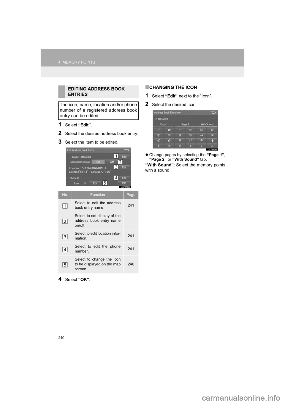 TOYOTA PRIUS 2019 Accessories, Audio & Navigation (in English) 240
4. MEMORY POINTS
PRIUS_Wide Navi_OM47C48U_(U)
18.10.10 10:30
1Select “Edit”.
2Select the desired address book entry.
3Select the item to be edited.
4Select “OK”.
■CHANGING THE ICON
TOYOTA PRIUS 2019 Accessories, Audio & Navigation (in English) 240
4. MEMORY POINTS
PRIUS_Wide Navi_OM47C48U_(U)
18.10.10 10:30
1Select “Edit”.
2Select the desired address book entry.
3Select the item to be edited.
4Select “OK”.
■CHANGING THE ICON