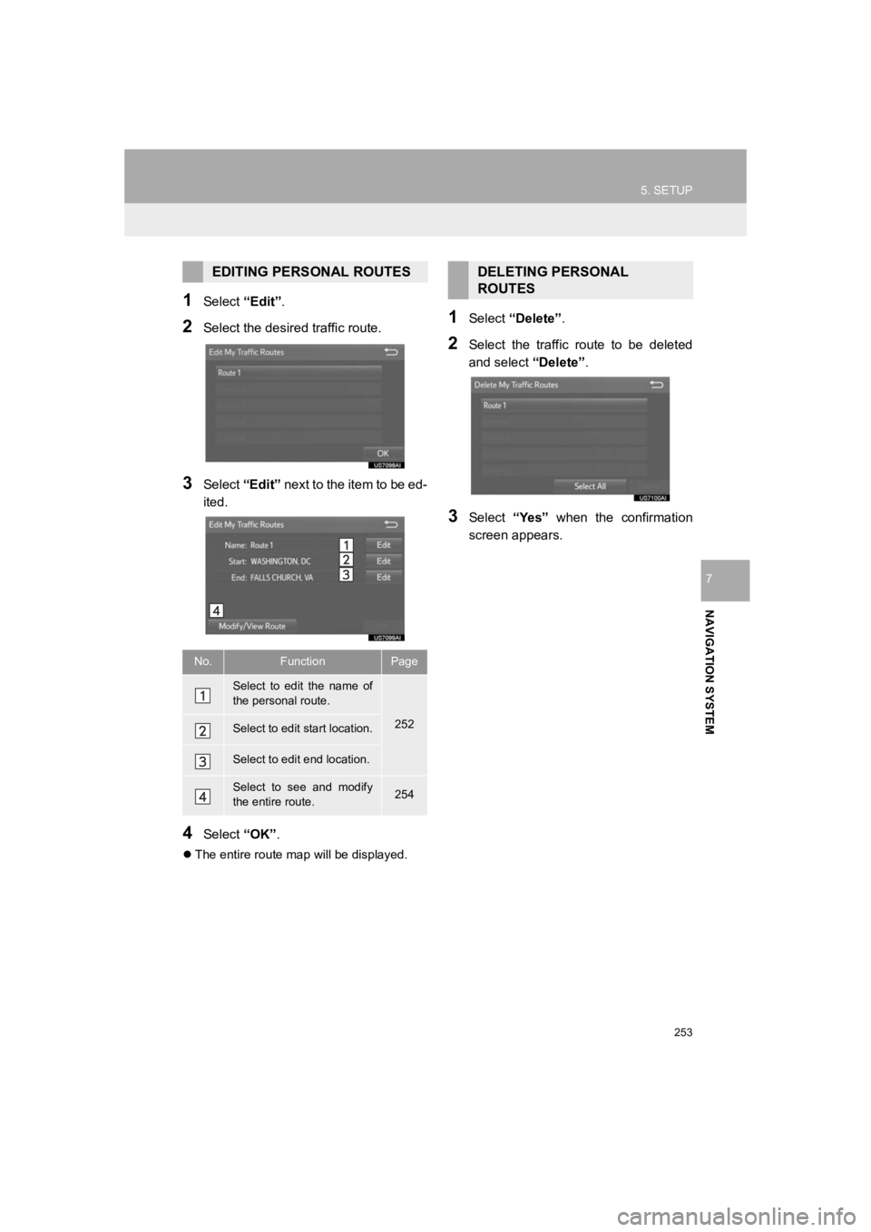 TOYOTA PRIUS 2019 Accessories, Audio & Navigation (in English) 253
5. SETUP
PRIUS_Wide Navi_OM47C48U_(U)
18.10.10 10:30
NAVIGATION SYSTEM
7
1Select “Edit”.
2Select the desir ed traffic route.
3Select “Edit” next to the item to be ed-
ited.
4Select TOYOTA PRIUS 2019 Accessories, Audio & Navigation (in English) 253
5. SETUP
PRIUS_Wide Navi_OM47C48U_(U)
18.10.10 10:30
NAVIGATION SYSTEM
7
1Select “Edit”.
2Select the desir ed traffic route.
3Select “Edit” next to the item to be ed-
ited.
4Select