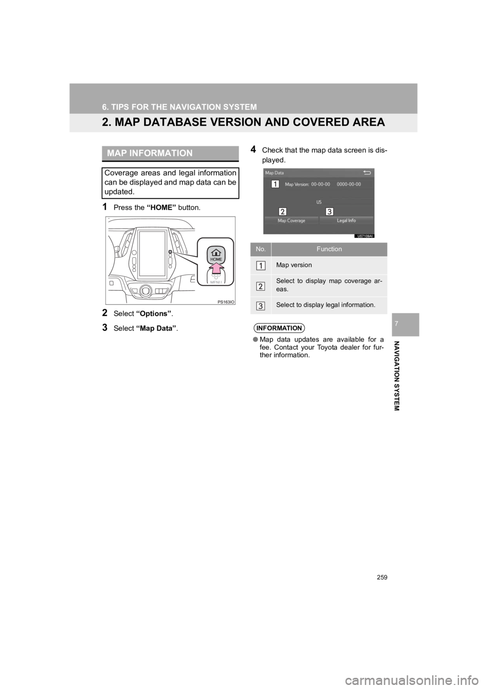 TOYOTA PRIUS 2019 Accessories, Audio & Navigation (in English) 259
6. TIPS FOR THE NAVIGATION SYSTEM
PRIUS_Wide Navi_OM47C48U_(U)
18.10.10 10:30
NAVIGATION SYSTEM
7
2. MAP DATABASE VERSION AND COVERED AREA
1Press the “HOME” button.
2Select “Options” . TOYOTA PRIUS 2019 Accessories, Audio & Navigation (in English) 259
6. TIPS FOR THE NAVIGATION SYSTEM
PRIUS_Wide Navi_OM47C48U_(U)
18.10.10 10:30
NAVIGATION SYSTEM
7
2. MAP DATABASE VERSION AND COVERED AREA
1Press the “HOME” button.
2Select “Options” .