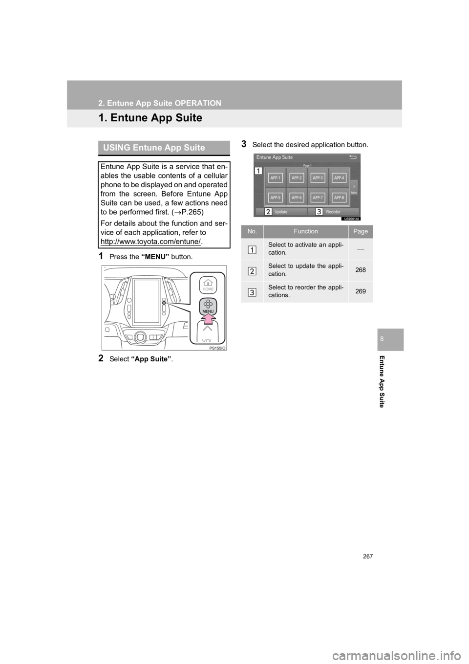 TOYOTA PRIUS 2019 Accessories, Audio & Navigation (in English) 267
PRIUS_Wide Navi_OM47C48U_(U)
18.10.10 10:30
Entune App Suite
8
2. Entune App Suite OPERATION
1. Entune App Suite
1Press the “MENU” button.
2Select “App Suite” .
3Select the desired ap TOYOTA PRIUS 2019 Accessories, Audio & Navigation (in English) 267
PRIUS_Wide Navi_OM47C48U_(U)
18.10.10 10:30
Entune App Suite
8
2. Entune App Suite OPERATION
1. Entune App Suite
1Press the “MENU” button.
2Select “App Suite” .
3Select the desired ap
