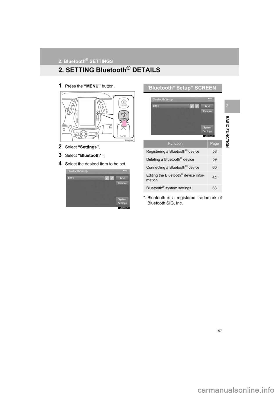 TOYOTA PRIUS 2019 Accessories, Audio & Navigation (in English) 57
2. Bluetooth® SETTINGS
PRIUS_Wide Navi_OM47C48U_(U)
18.10.10 10:30
BASIC FUNCTION
2
2. SETTING Bluetooth® DETAILS
1Press the “MENU” button.
2Select “Settings” .
3Select “Bluetooth* TOYOTA PRIUS 2019 Accessories, Audio & Navigation (in English) 57
2. Bluetooth® SETTINGS
PRIUS_Wide Navi_OM47C48U_(U)
18.10.10 10:30
BASIC FUNCTION
2
2. SETTING Bluetooth® DETAILS
1Press the “MENU” button.
2Select “Settings” .
3Select “Bluetooth*