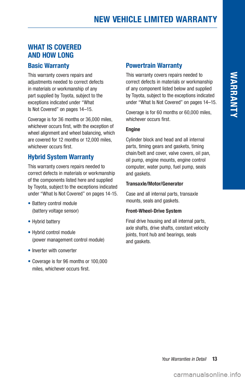 TOYOTA PRIUS 2019 Warranties & Maintenance Guides (in English) 13Your Warranties in Detail
WARR ANT Y
WHAT IS COVERED
AND HOW LONG
Basic Warranty
This warranty covers repairs and
adjustments needed to correct defects
in materials or workmanship of any
p TOYOTA PRIUS 2019 Warranties & Maintenance Guides (in English) 13Your Warranties in Detail
WARR ANT Y
WHAT IS COVERED
AND HOW LONG
Basic Warranty
This warranty covers repairs and
adjustments needed to correct defects
in materials or workmanship of any
p