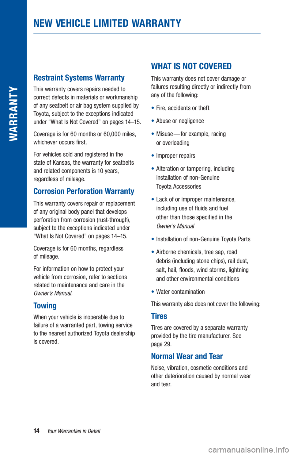TOYOTA PRIUS 2019 Warranties & Maintenance Guides (in English) 14Your Warranties in Detail
WARR ANT Y
Restraint Systems Warranty
This warranty covers repairs needed to
correct defects in materials or workmanship
of any seatbelt or air bag system supplied by
To TOYOTA PRIUS 2019 Warranties & Maintenance Guides (in English) 14Your Warranties in Detail
WARR ANT Y
Restraint Systems Warranty
This warranty covers repairs needed to
correct defects in materials or workmanship
of any seatbelt or air bag system supplied by
To