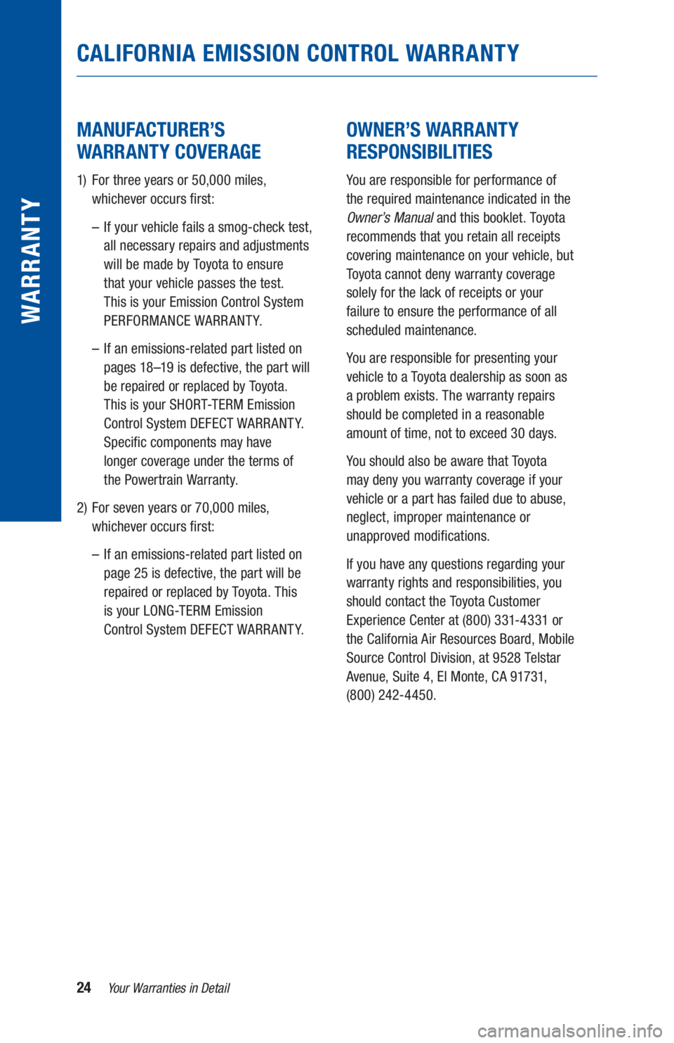 TOYOTA PRIUS 2019 Warranties & Maintenance Guides (in English) 24Your Warranties in Detail
WARR ANT Y
MANUFACTURER’S
WARRANTY COVERAGE
1) For three years or 50,000 miles,
whichever occurs first:
– If your vehicle fails a smog-check test,
all nec TOYOTA PRIUS 2019 Warranties & Maintenance Guides (in English) 24Your Warranties in Detail
WARR ANT Y
MANUFACTURER’S
WARRANTY COVERAGE
1) For three years or 50,000 miles,
whichever occurs first:
– If your vehicle fails a smog-check test,
all nec
