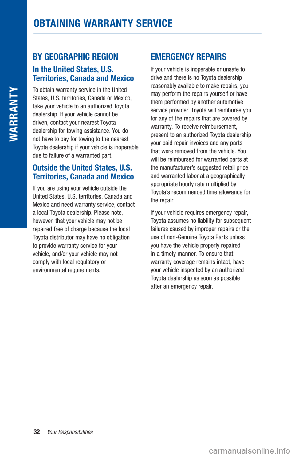 TOYOTA PRIUS 2019 Warranties & Maintenance Guides (in English) 32Your Responsibilities
WARR ANT Y
OBTAINING WARRANTY SERVICE
BY GEOGRAPHIC REGION
In the United States, U.S.
Territories, Canada and Mexico
To obtain warranty service in the United
States, U.S. te TOYOTA PRIUS 2019 Warranties & Maintenance Guides (in English) 32Your Responsibilities
WARR ANT Y
OBTAINING WARRANTY SERVICE
BY GEOGRAPHIC REGION
In the United States, U.S.
Territories, Canada and Mexico
To obtain warranty service in the United
States, U.S. te