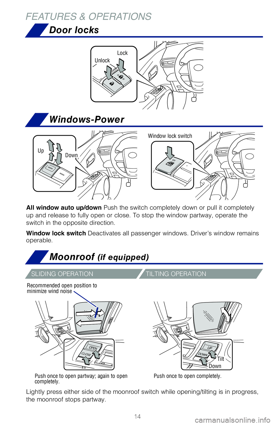 TOYOTA PRIUS 2020 (in English) User Guide 14
Windows-Power
Door locks
Moonroof (if equipped)
UpDown
Window lock switch
All window auto up/down Push the switch completely down or pull it completely
up and release to fully open or close. To st TOYOTA PRIUS 2020 (in English) User Guide 14
Windows-Power
Door locks
Moonroof (if equipped)
UpDown
Window lock switch
All window auto up/down Push the switch completely down or pull it completely
up and release to fully open or close. To st