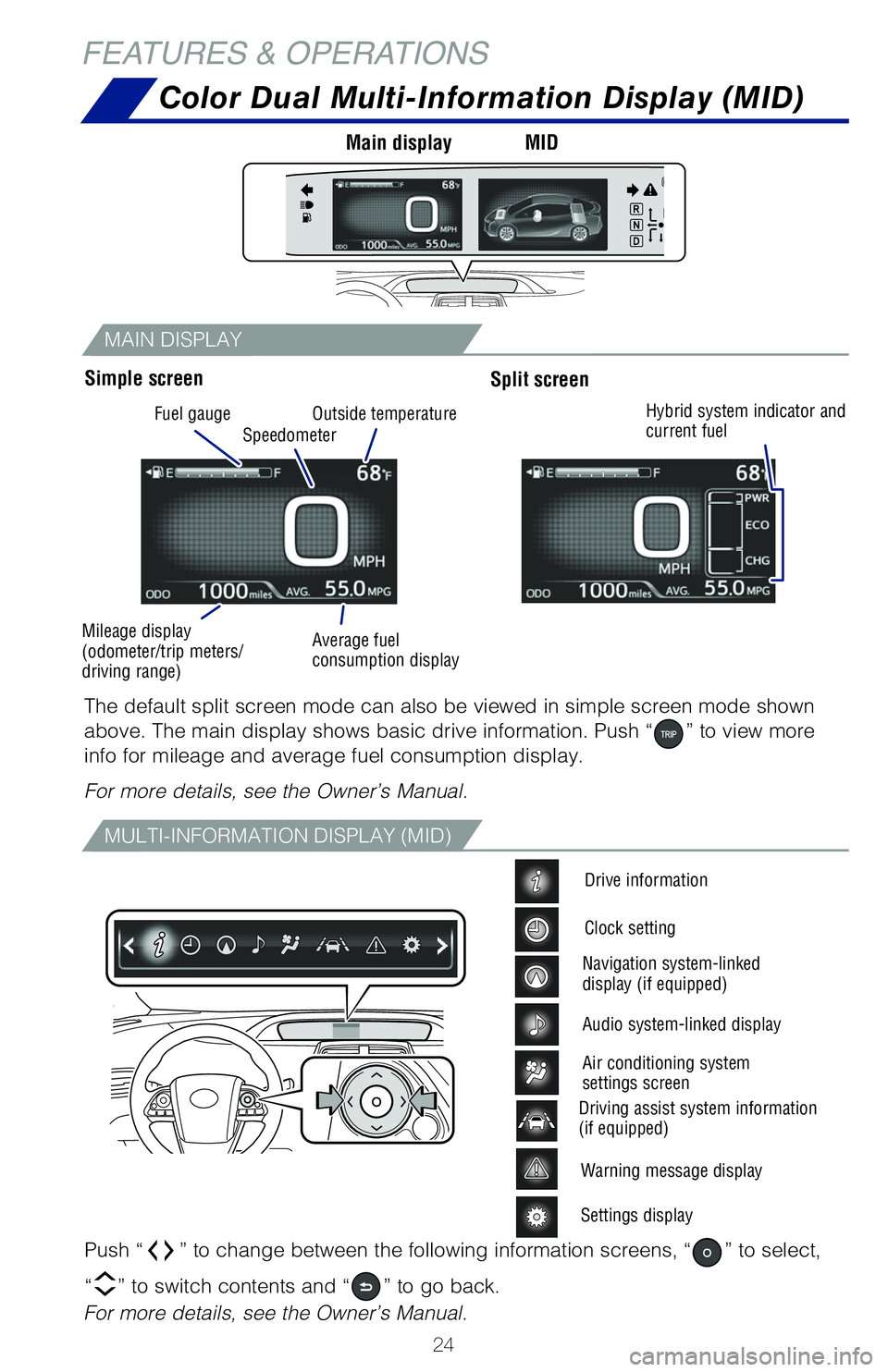 TOYOTA PRIUS 2020 (in English) Owners Manual 24
MAIN DISPLAY
MULTI-INFORMATION DISPLAY (MID)
Color Dual Multi-Information Display (MID)
Push “” to change between the following information screens, “” to select,
“
” to switch content TOYOTA PRIUS 2020 (in English) Owners Manual 24
MAIN DISPLAY
MULTI-INFORMATION DISPLAY (MID)
Color Dual Multi-Information Display (MID)
Push “” to change between the following information screens, “” to select,
“
” to switch content