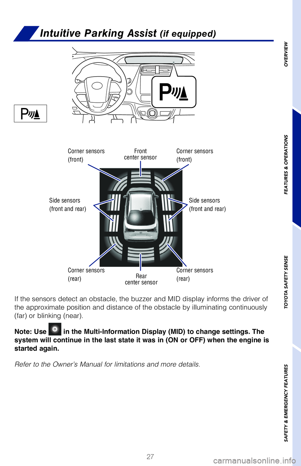 TOYOTA PRIUS 2020 (in English) Owners Manual 27
OVERVIEW
FEATURES & OPERATIONS
TOYOTA SAFETY SENSE
SAFETY & EMERGENCY FEATURES
Intuitive Parking Assist (if equipped)
If the sensors detect an obstacle, the buzzer and MID display informs the drive TOYOTA PRIUS 2020 (in English) Owners Manual 27
OVERVIEW
FEATURES & OPERATIONS
TOYOTA SAFETY SENSE
SAFETY & EMERGENCY FEATURES
Intuitive Parking Assist (if equipped)
If the sensors detect an obstacle, the buzzer and MID display informs the drive