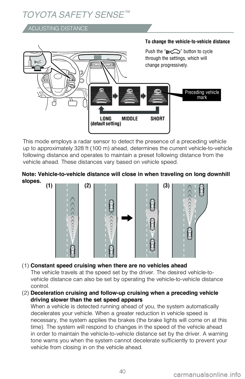 TOYOTA PRIUS 2020 (in English) Service Manual 40
ADJUSTING DISTANCE
To change the vehicle-to-vehicle distance
Push the “
” button to cycle
through the settings, which will
change progressively.
This mode employs a radar sensor to detect th TOYOTA PRIUS 2020 (in English) Service Manual 40
ADJUSTING DISTANCE
To change the vehicle-to-vehicle distance
Push the “
” button to cycle
through the settings, which will
change progressively.
This mode employs a radar sensor to detect th