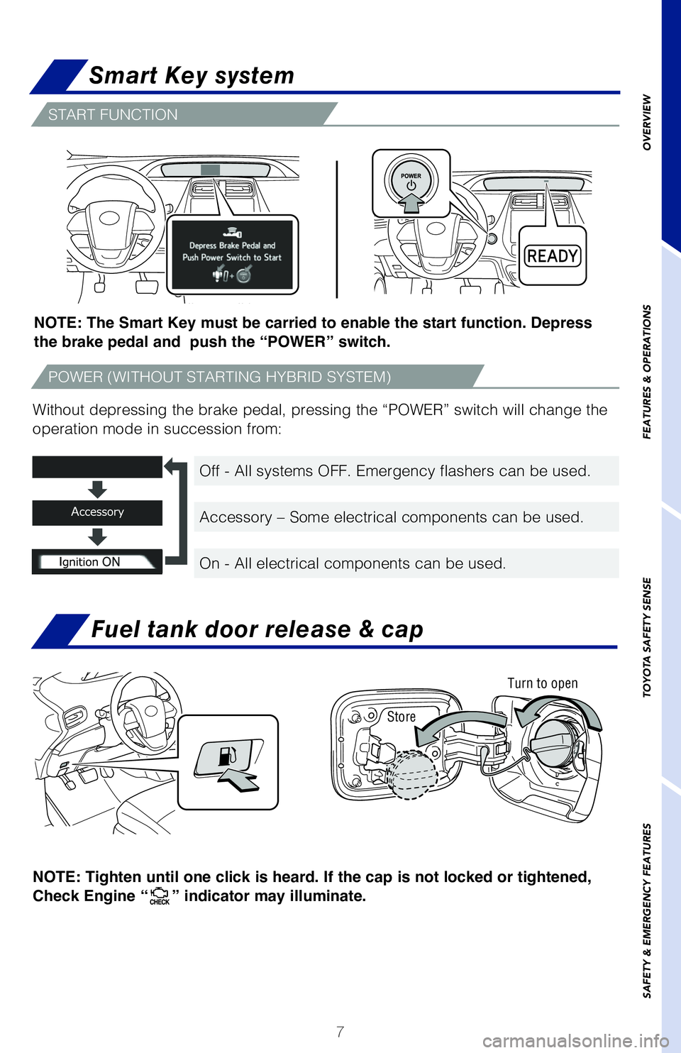 TOYOTA PRIUS 2020  Owners Manual (in English) 7
OVERVIEW
FEATURES & OPERATIONS
TOYOTA SAFETY SENSE
SAFETY & EMERGENCY FEATURES
START FUNCTION
Fuel tank door release & cap
NOTE: Tighten until one click is heard. If the cap is not locked or tighten