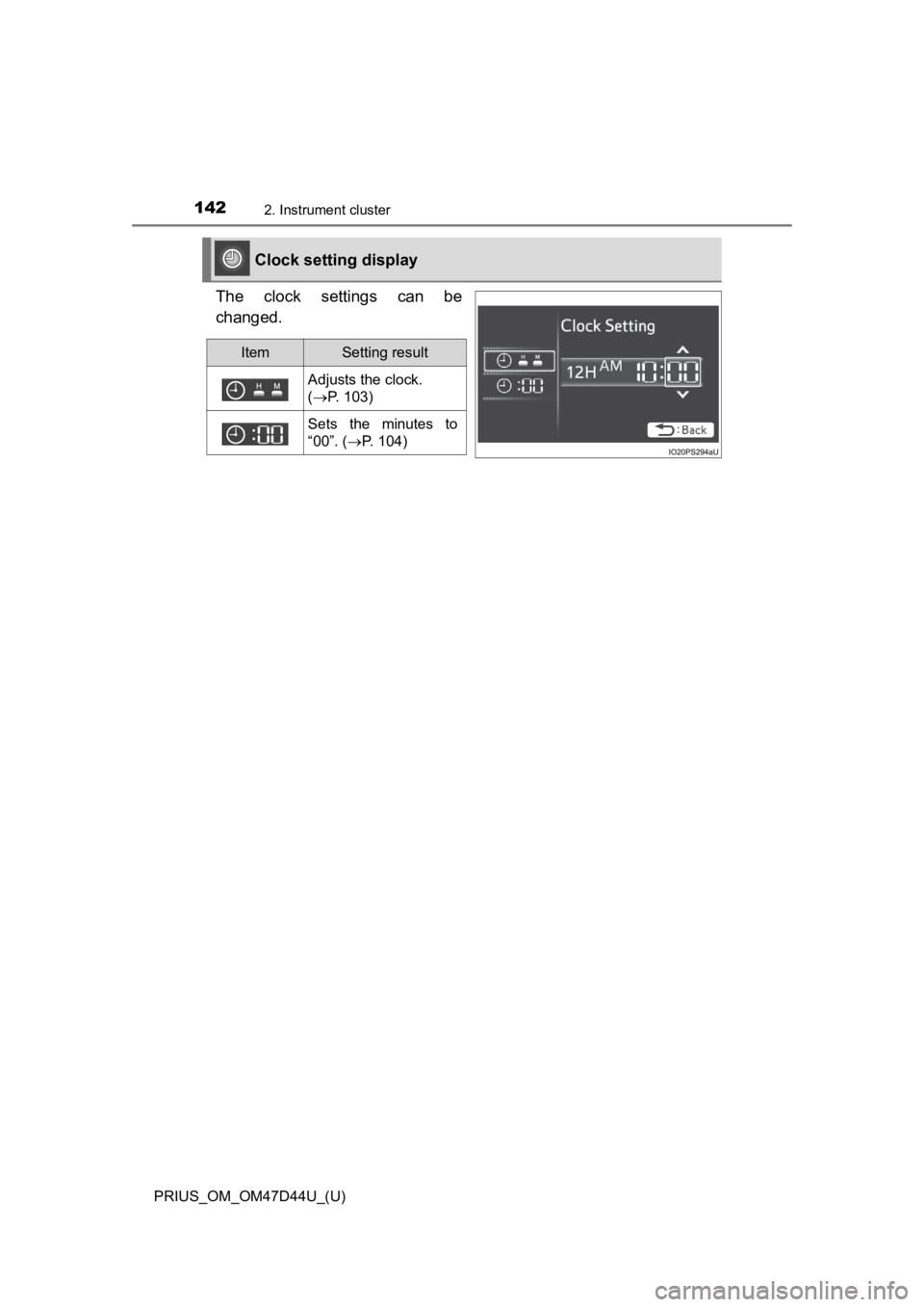 TOYOTA PRIUS 2020  Owners Manual (in English) 142
PRIUS_OM_OM47D44U_(U)
2. Instrument cluster
The  clock  settings  can  be
changed.
 Clock setting display
ItemSetting result
Adjusts the clock. 
( P. 103)
Sets  the  minutes  to
“00”. ( 