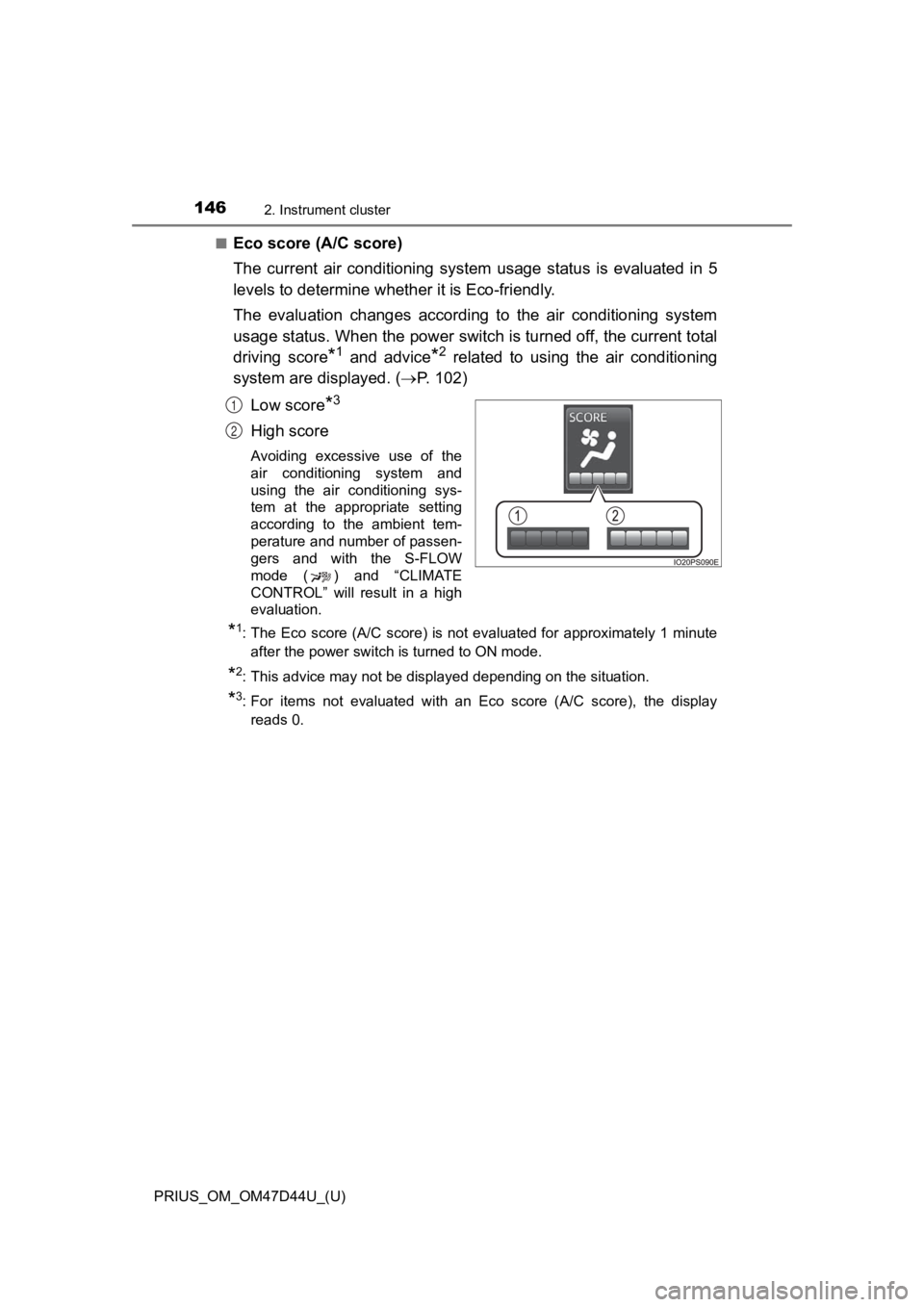 TOYOTA PRIUS 2020  Owners Manual (in English) 146
PRIUS_OM_OM47D44U_(U)
2. Instrument cluster
■Eco score (A/C score)
The  current  air  conditioning  system  usage  status  is  evaluated  i n  5
levels to determine whether it is Eco-friendly.
T