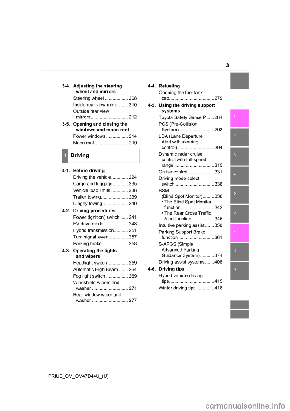 TOYOTA PRIUS 2020  Owners Manual (in English) 3
1
9 8
7
6 4 3
2
PRIUS_OM_OM47D44U_(U)
5
3-4. Adjusting the steering wheel and mirrors
Steering wheel .................. 208
Inside rear view mirror....... 210
Outside rear view  mirrors ............