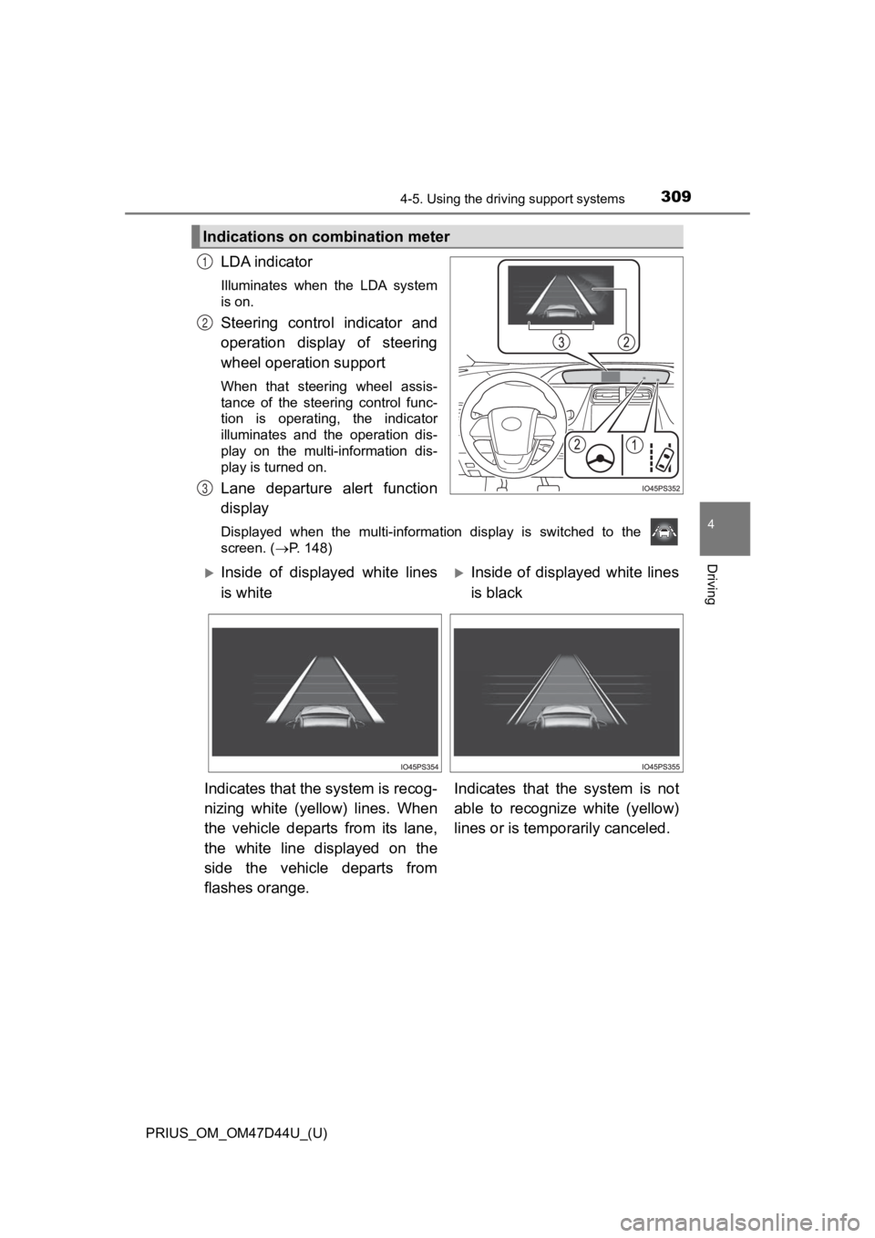 TOYOTA PRIUS 2020  Owners Manual (in English) PRIUS_OM_OM47D44U_(U)
3094-5. Using the driving support systems
4
Driving
LDA indicator
Illuminates  when  the  LDA  system
is on.
Steering  control  indicator  and
operation  display  of  steering
wh